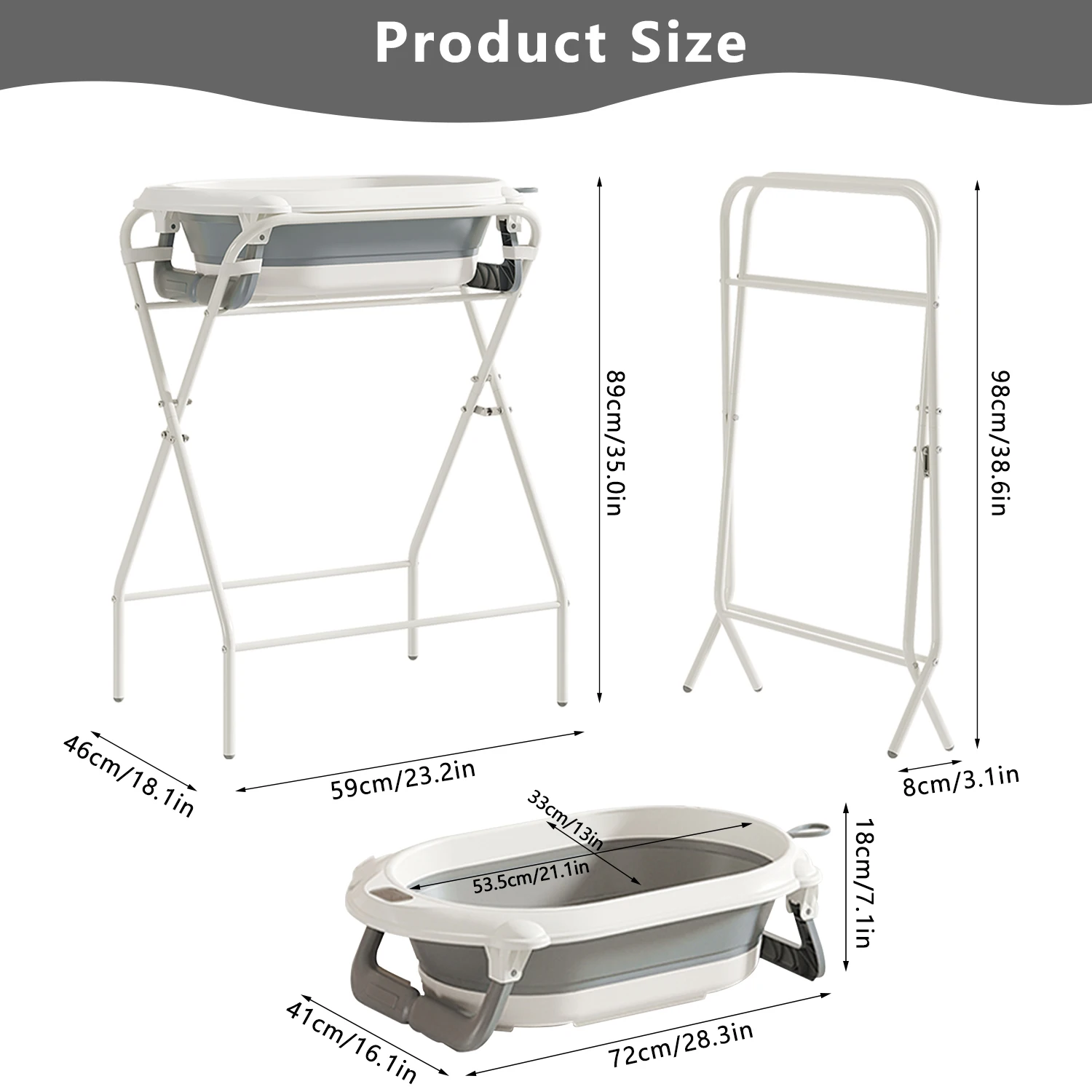 3 in 1 Foldable Baby Bath Tub with Stand, Multifunctional Baby Bathtub for Newborn Infant Toddler, Built-in Thermometer & Soft Bath Pillow, Non Slip Portable Shower Basin, Grey