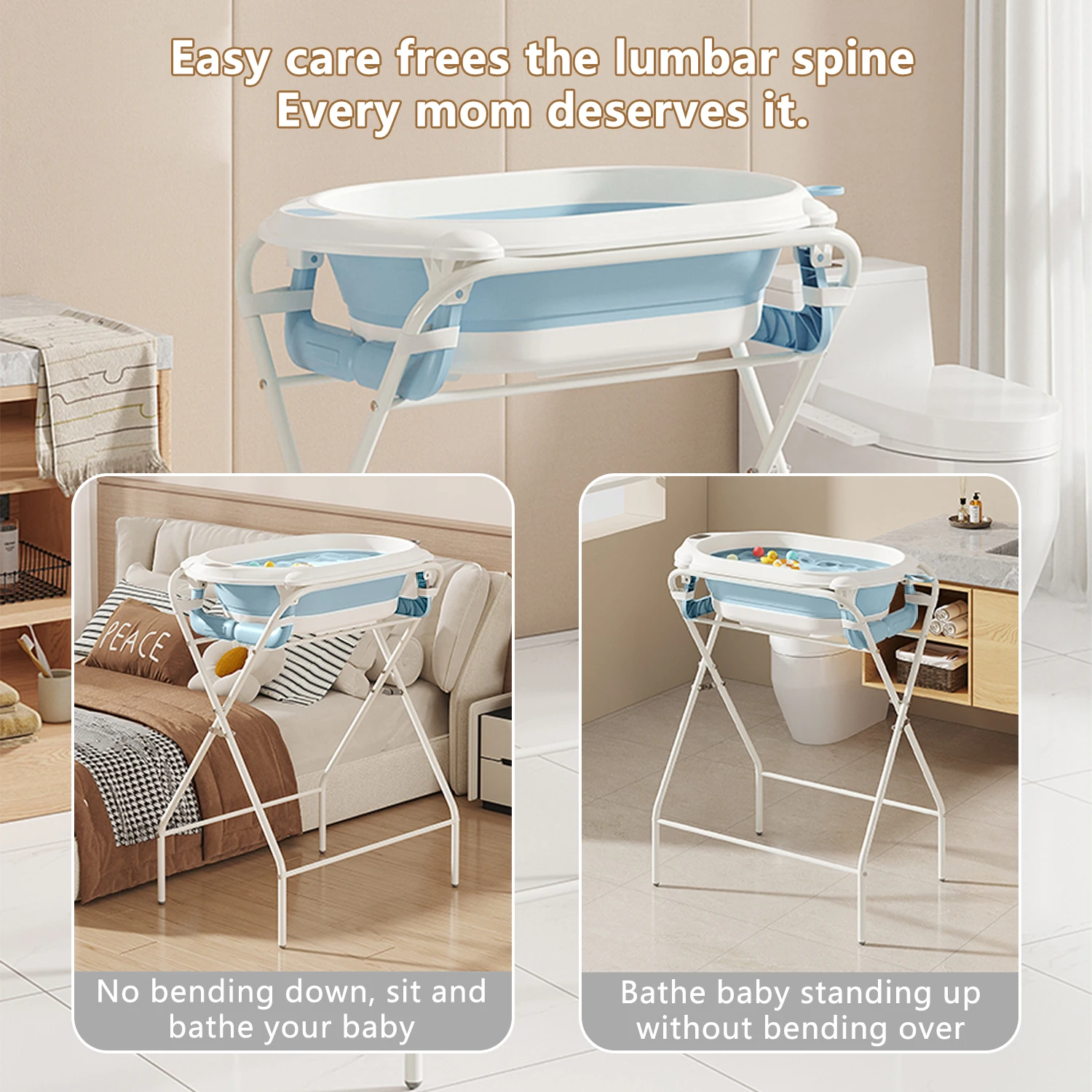3 in 1 Foldable Baby Bath Tub with Stand, Multifunctional Baby Bathtub for Newborn Infant Toddler, Built-in Thermometer & Soft Bath Pillow, Non Slip Portable Shower Basin, Grey