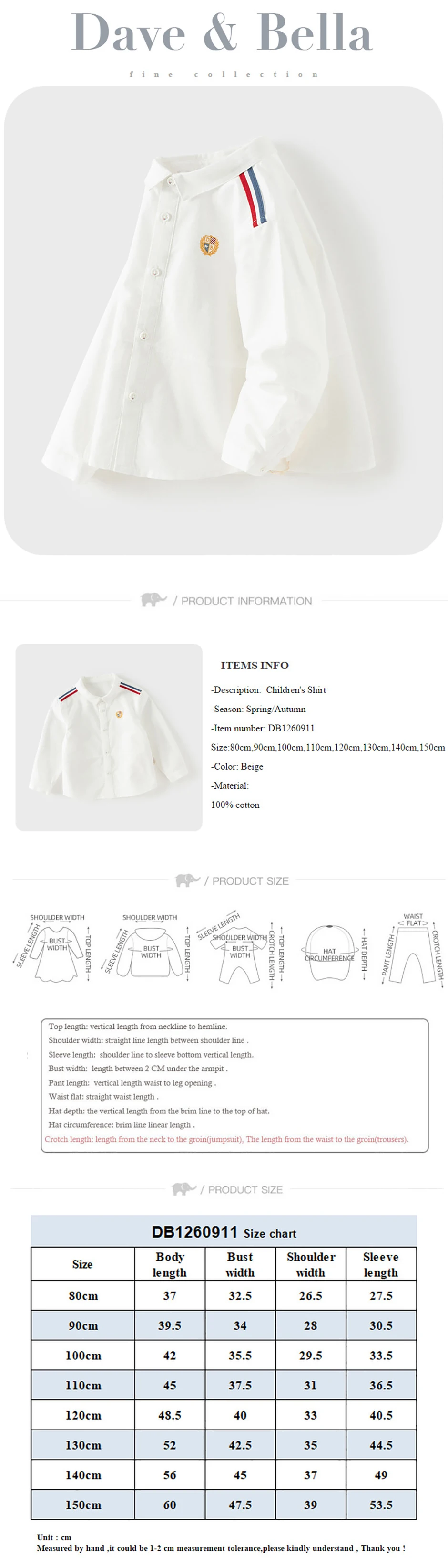 Dave Bella Children Pure Cotton Shirt Boys Clothes Autumn Spring Kids Elegant Formal Blouse Outdoor Tops College Style DB1260911