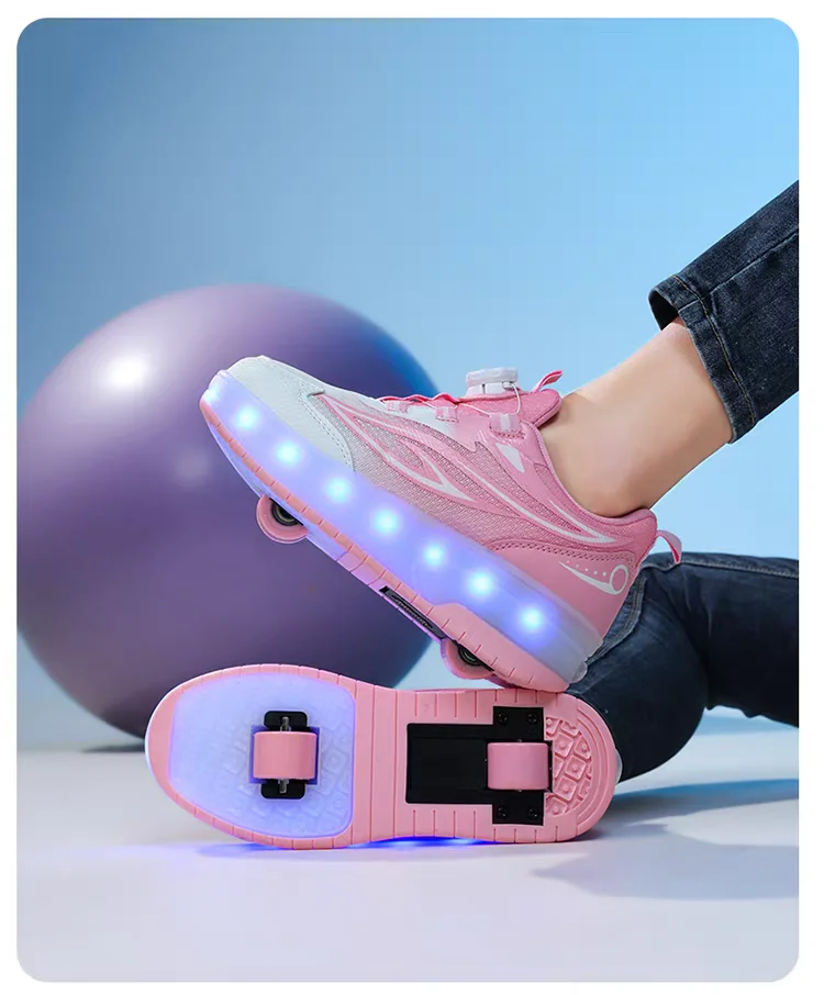 One-Click Retractable LED Light Up Roller Shoes, Breathable Skate Sneakers for Kids, Teens, Boys & Girls