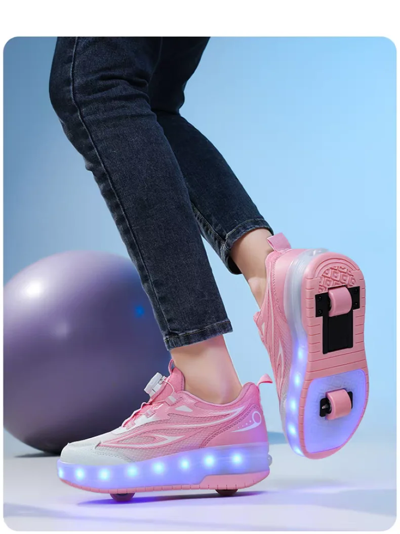 One-Click Retractable LED Light Up Roller Shoes, Breathable Skate Sneakers for Kids, Teens, Boys & Girls
