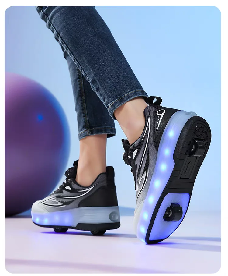 One-Click Retractable LED Light Up Roller Shoes, Breathable Skate Sneakers for Kids, Teens, Boys & Girls