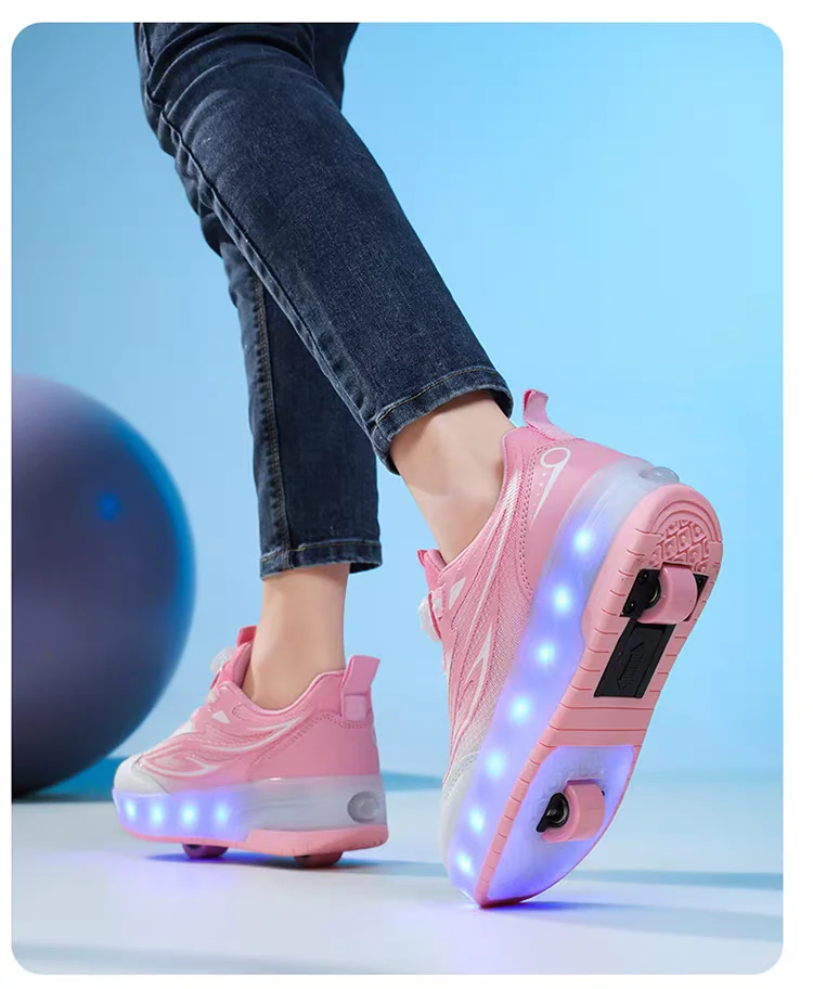 One-Click Retractable LED Light Up Roller Shoes, Breathable Skate Sneakers for Kids, Teens, Boys & Girls