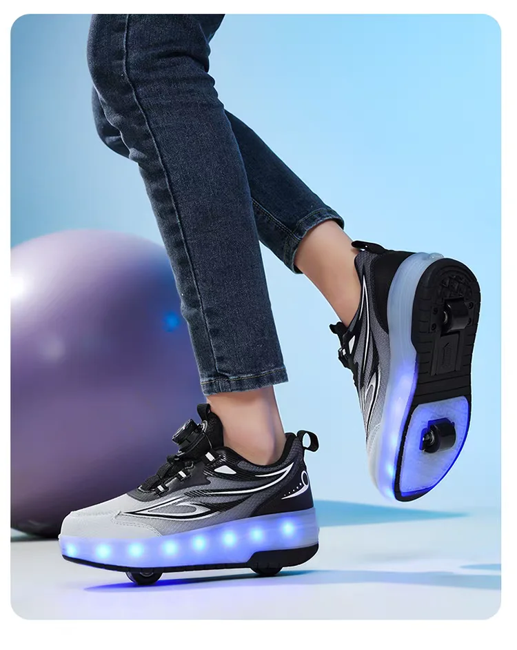 One-Click Retractable LED Light Up Roller Shoes, Breathable Skate Sneakers for Kids, Teens, Boys & Girls