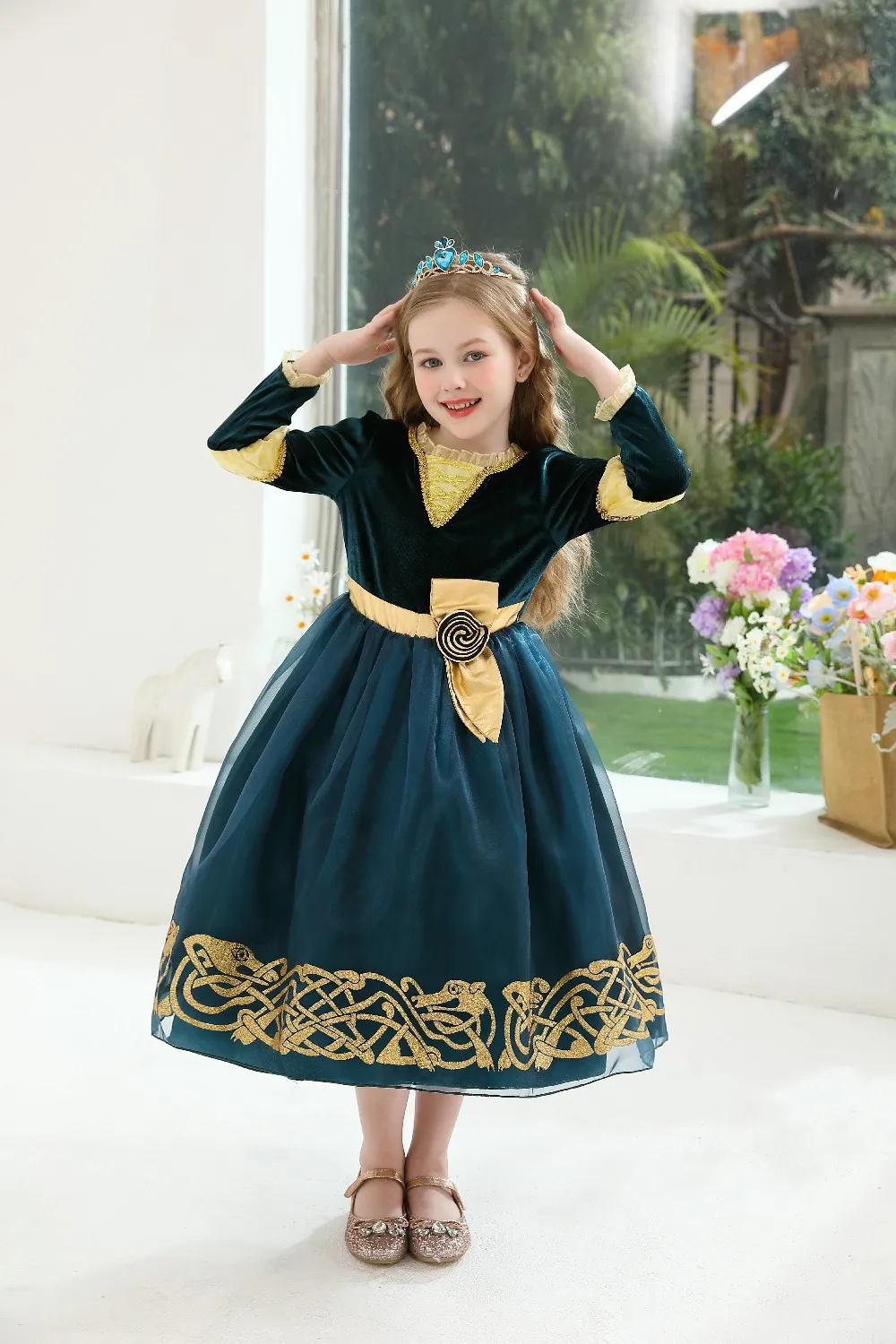 2026 Halloween Festival Party Dress Girls Cosplay Princess Merida Long Sleeves Cute Dress + Belt Accessories Set Birthday Gift