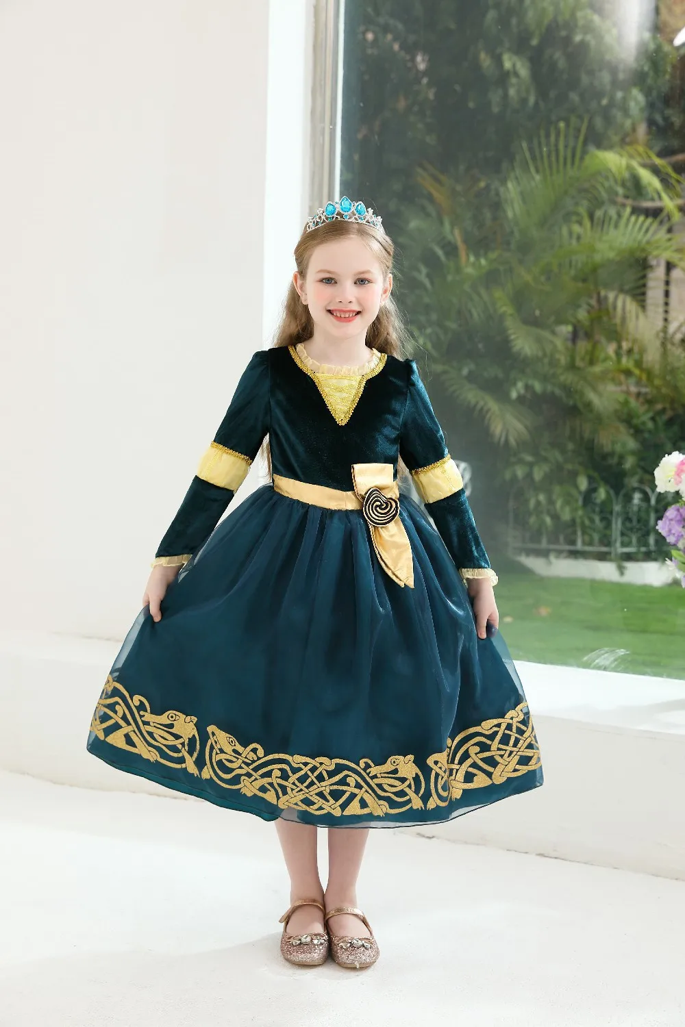 2026 Halloween Festival Party Dress Girls Cosplay Princess Merida Long Sleeves Cute Dress + Belt Accessories Set Birthday Gift