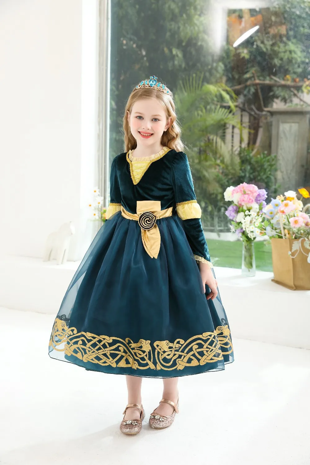 2026 Halloween Festival Party Dress Girls Cosplay Princess Merida Long Sleeves Cute Dress + Belt Accessories Set Birthday Gift