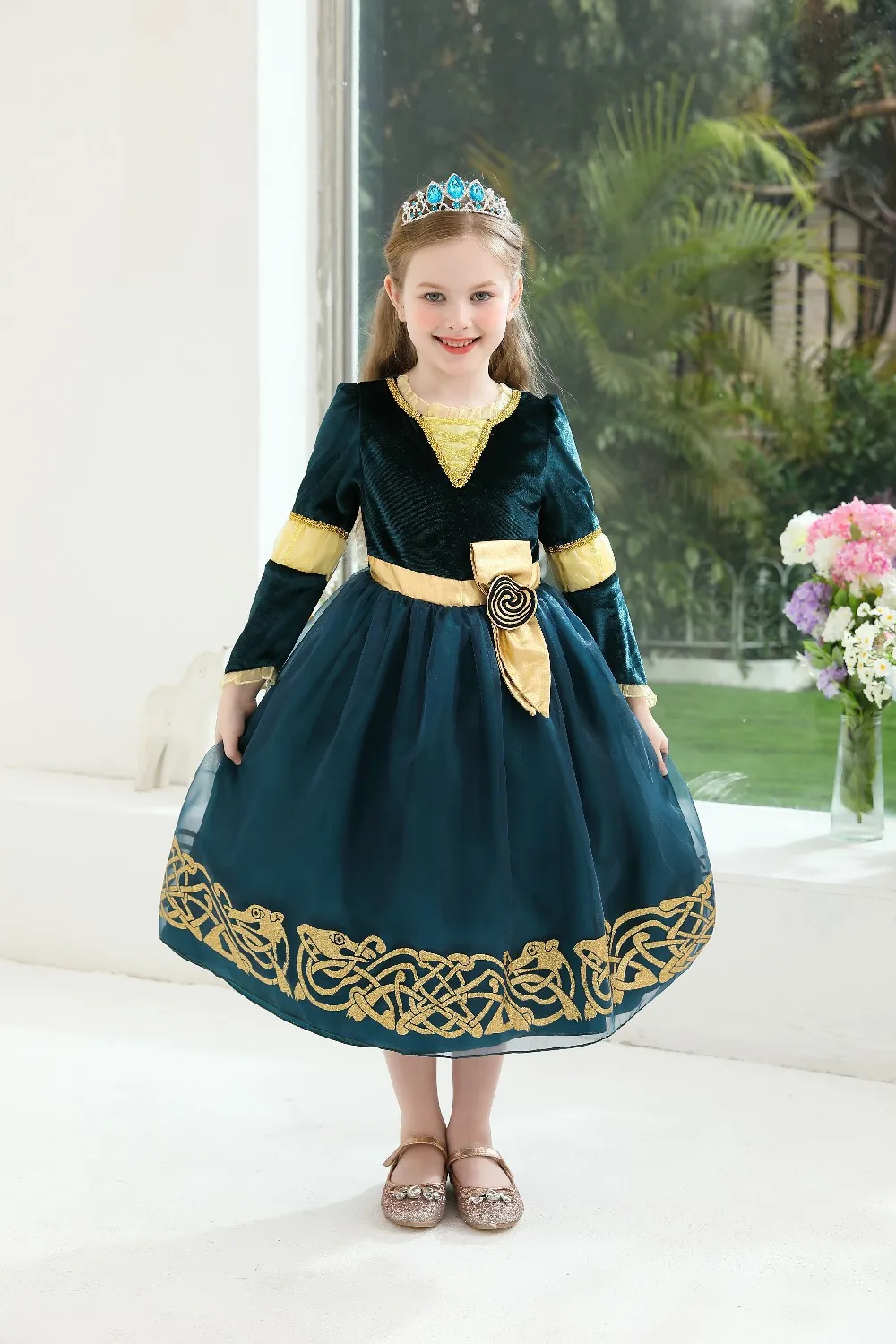 2026 Halloween Festival Party Dress Girls Cosplay Princess Merida Long Sleeves Cute Dress + Belt Accessories Set Birthday Gift