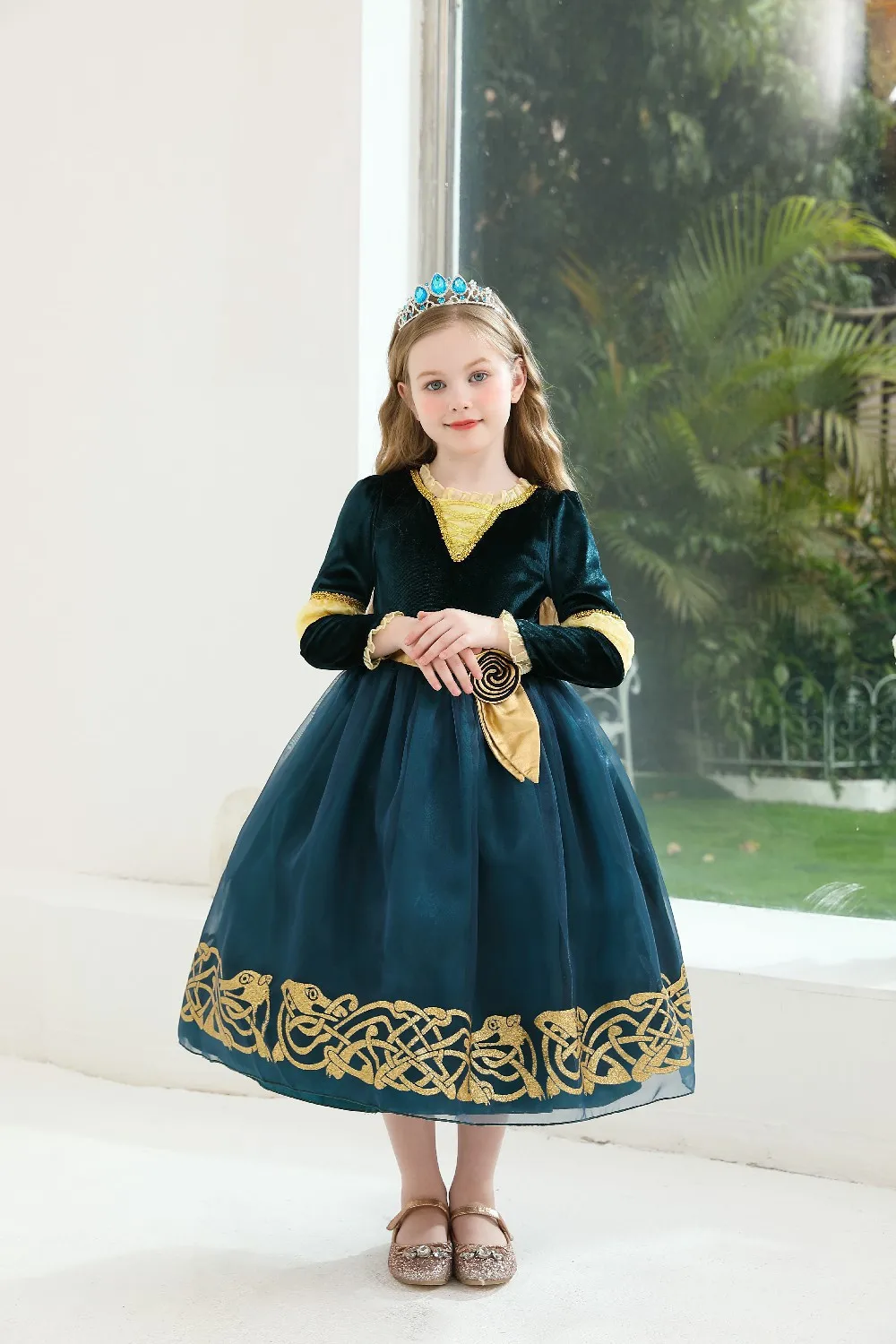 2026 Halloween Festival Party Dress Girls Cosplay Princess Merida Long Sleeves Cute Dress + Belt Accessories Set Birthday Gift