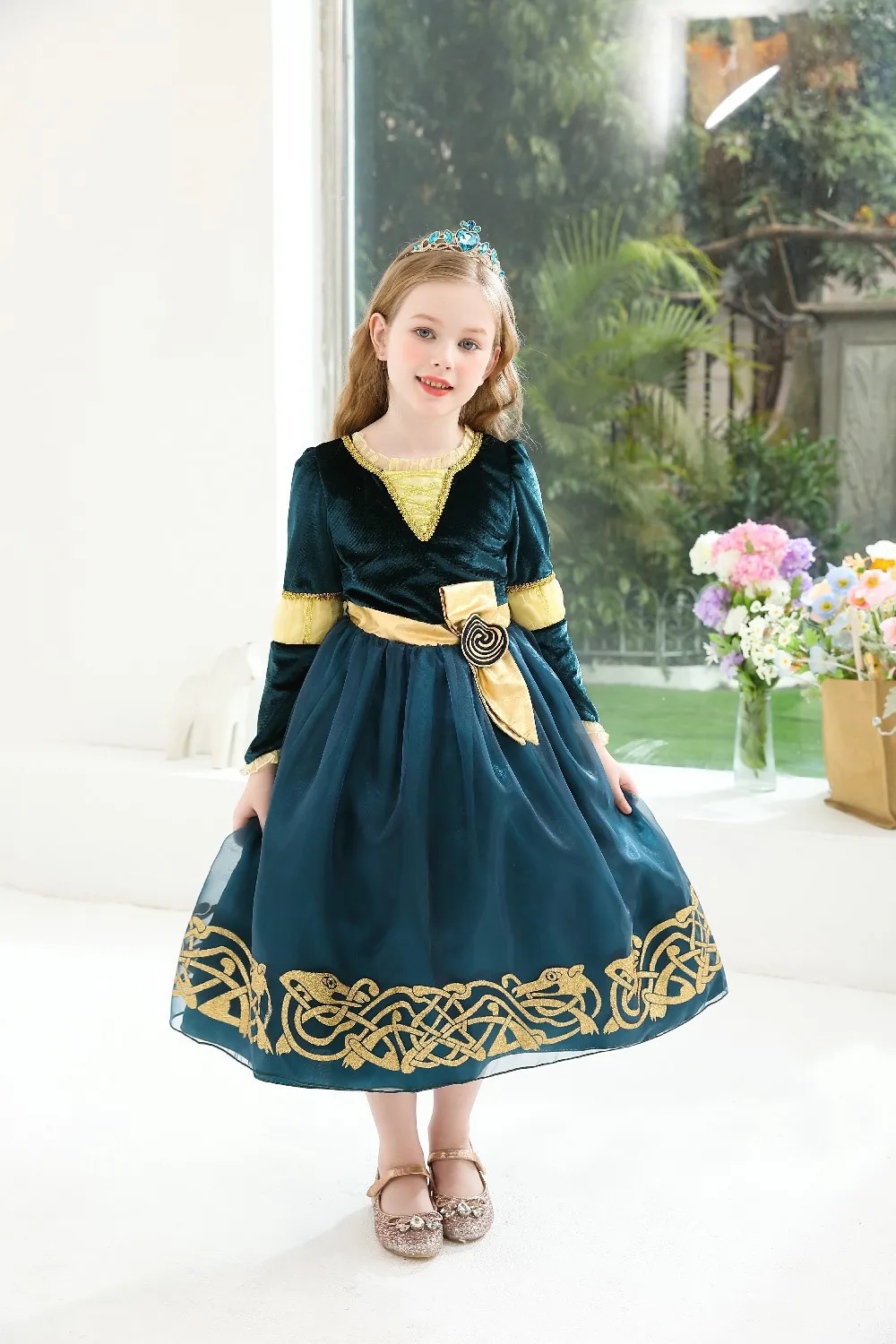 2026 Halloween Festival Party Dress Girls Cosplay Princess Merida Long Sleeves Cute Dress + Belt Accessories Set Birthday Gift