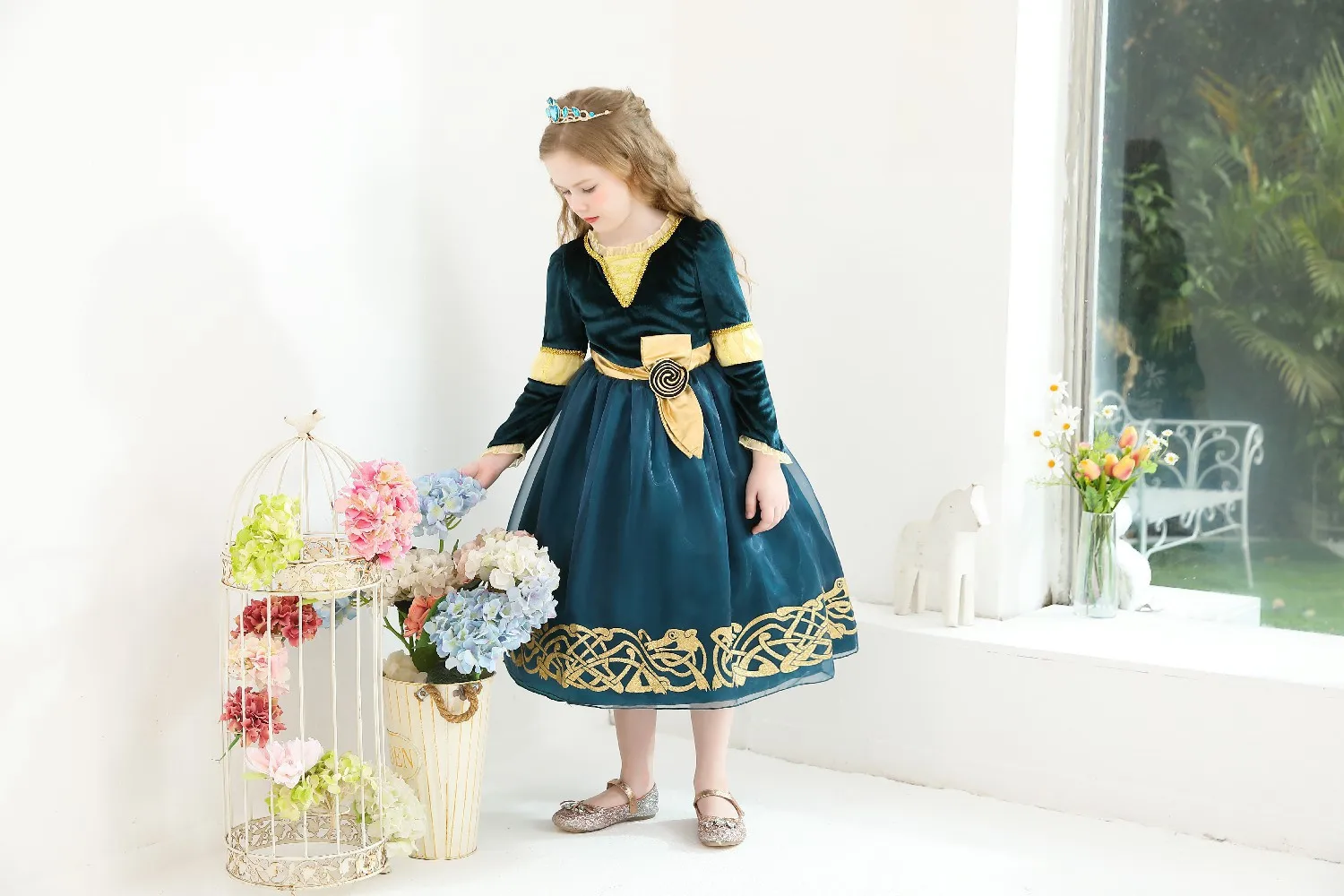2026 Halloween Festival Party Dress Girls Cosplay Princess Merida Long Sleeves Cute Dress + Belt Accessories Set Birthday Gift