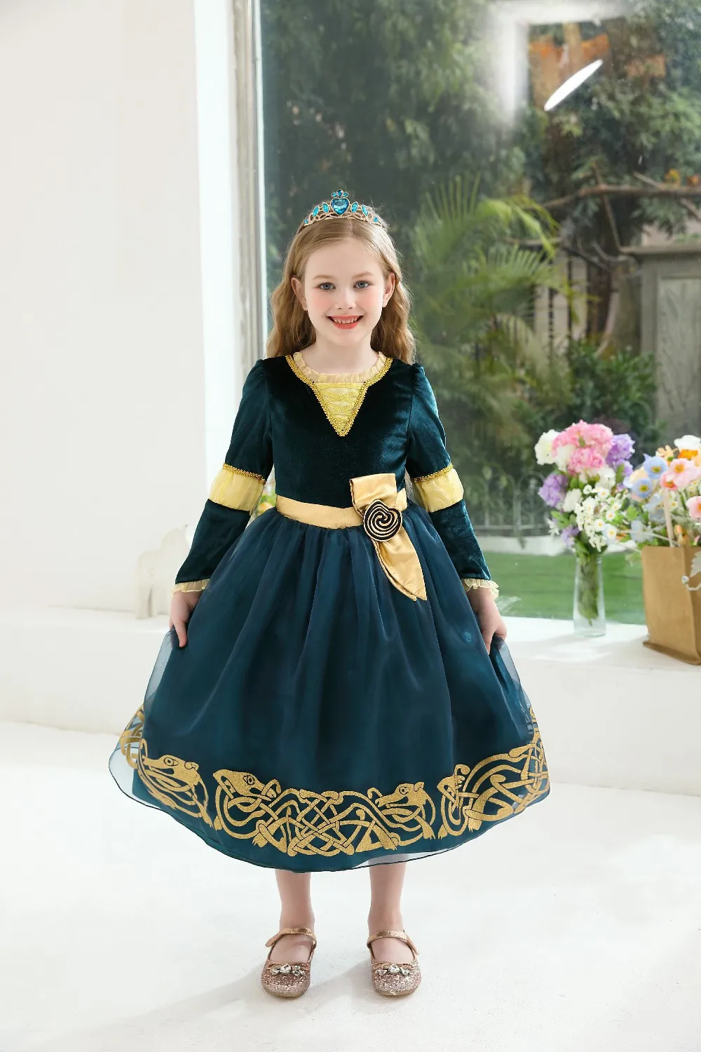 2026 Halloween Festival Party Dress Girls Cosplay Princess Merida Long Sleeves Cute Dress + Belt Accessories Set Birthday Gift