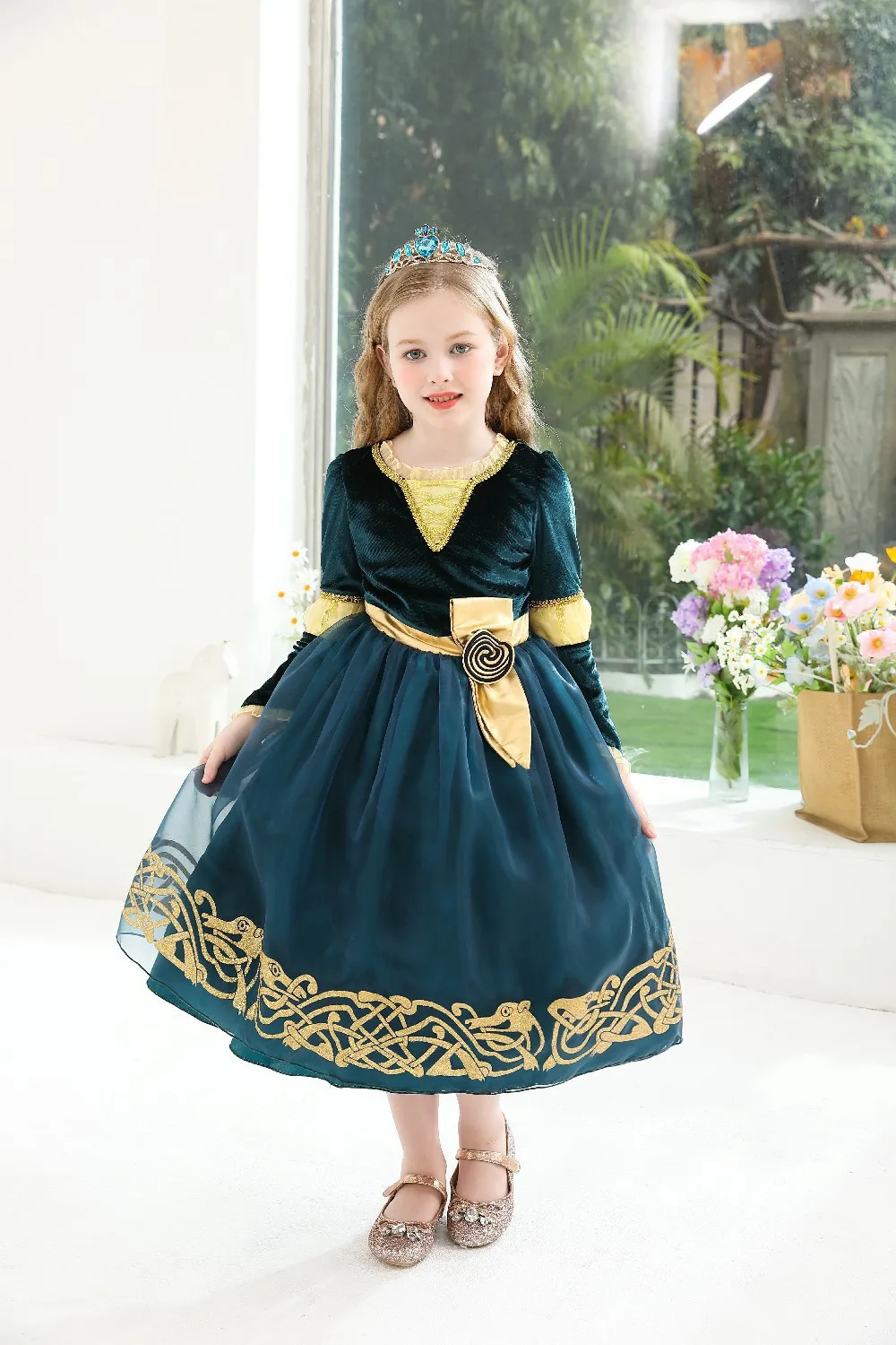 2026 Halloween Festival Party Dress Girls Cosplay Princess Merida Long Sleeves Cute Dress + Belt Accessories Set Birthday Gift