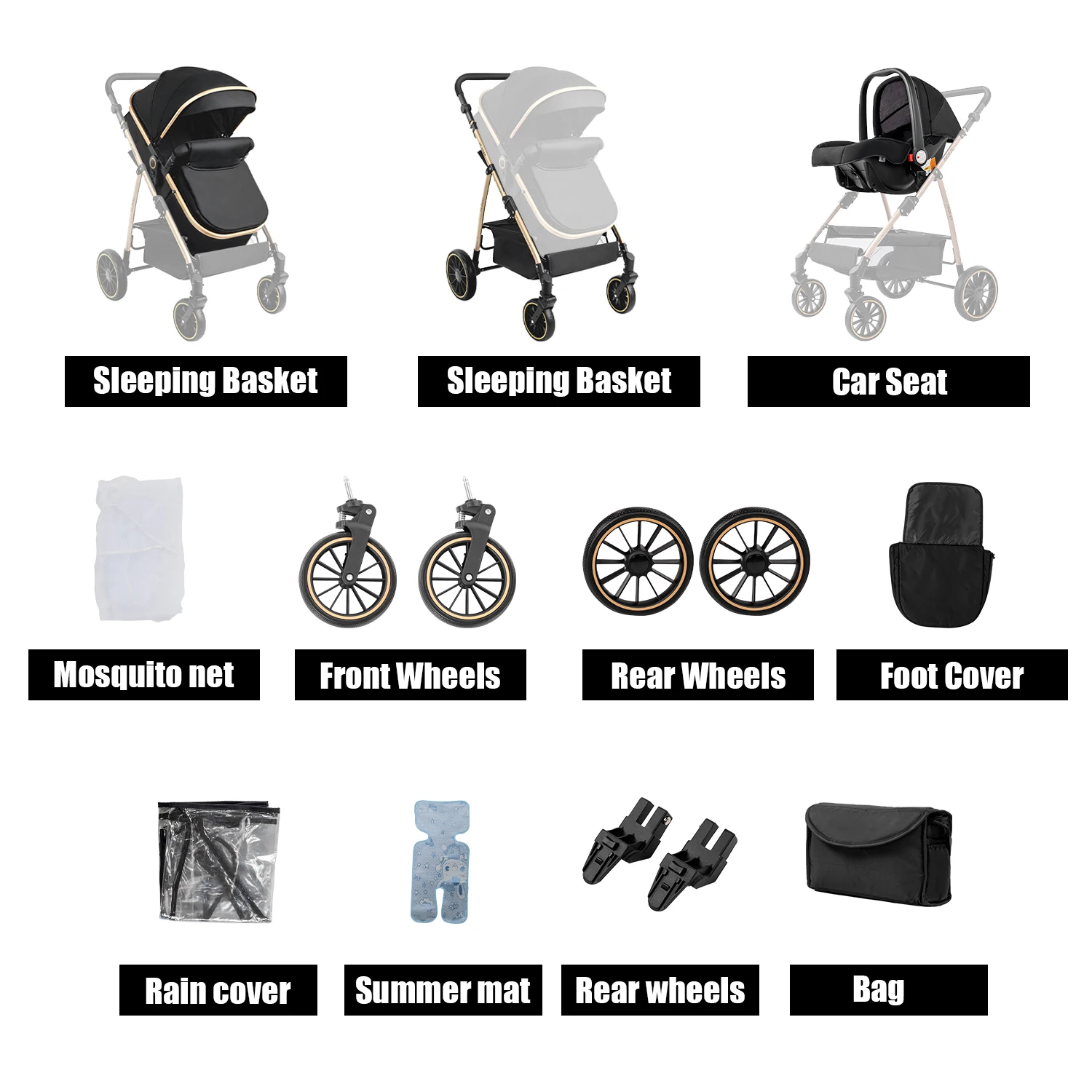 Portable 3 in 1 Baby Stroller Travel System Convertible Lightweight Infant Pram Carriage with Safety Seat Durable Frame Shock Absorbing Wheels Lightweight Pushchair Cart
