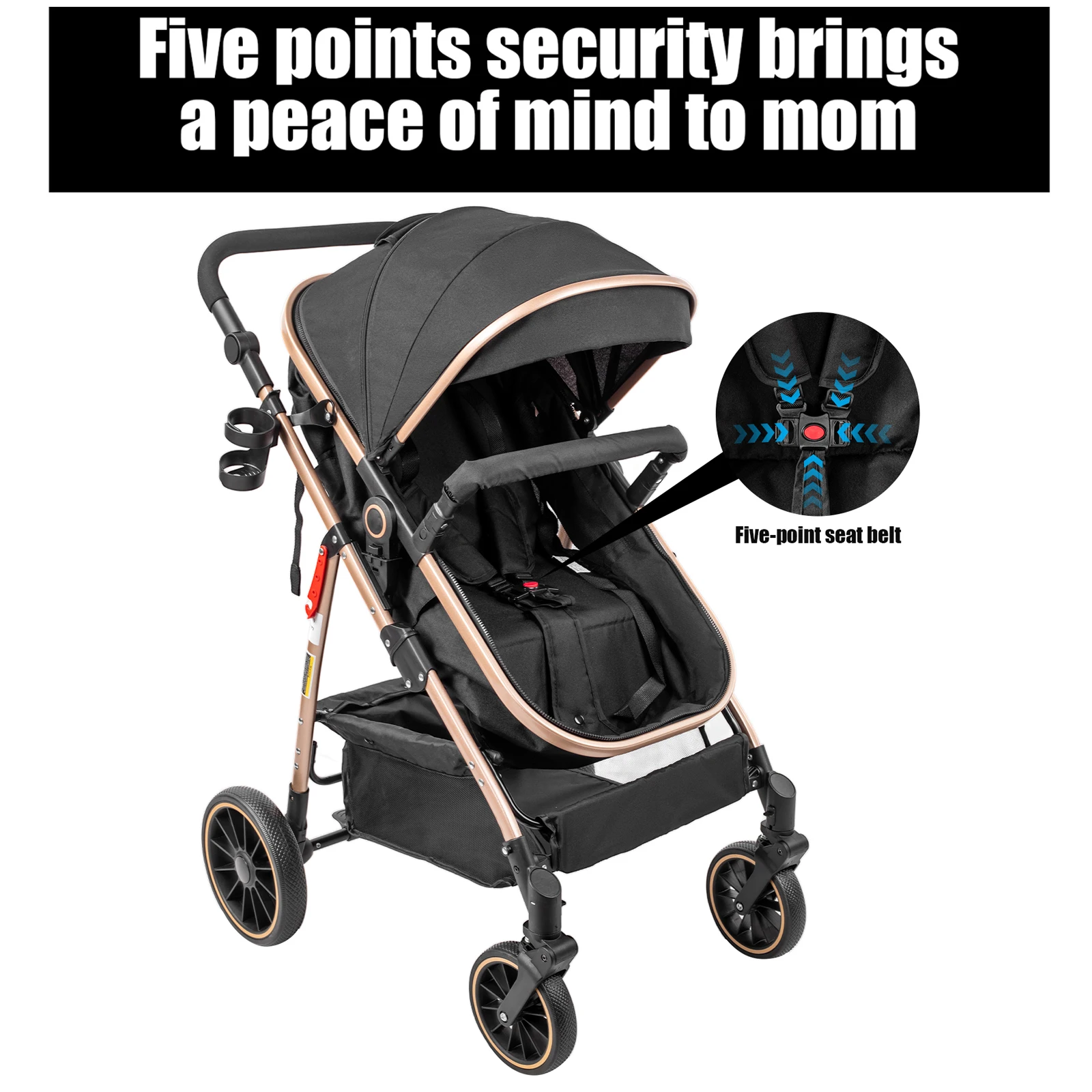 Portable 3 in 1 Baby Stroller Travel System Convertible Lightweight Infant Pram Carriage with Safety Seat Durable Frame Shock Absorbing Wheels Lightweight Pushchair Cart