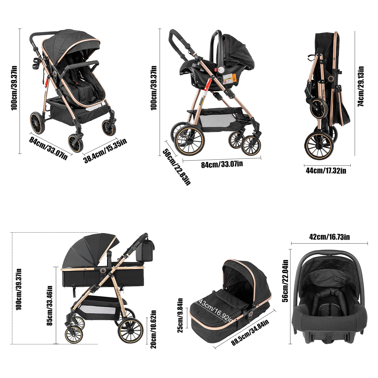 Portable 3 in 1 Baby Stroller Travel System Convertible Lightweight Infant Pram Carriage with Safety Seat Durable Frame Shock Absorbing Wheels Lightweight Pushchair Cart