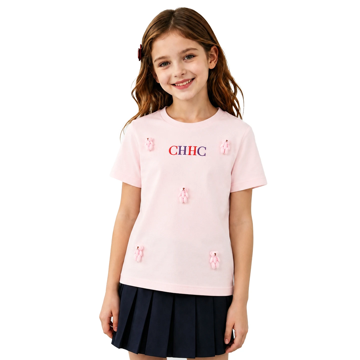 CH Girls Pink Short Sleeve T-shirt 3D Bear Doll CHHC Letter Embroidery Round Neck Casual Summer Kids Cute Daily Tops