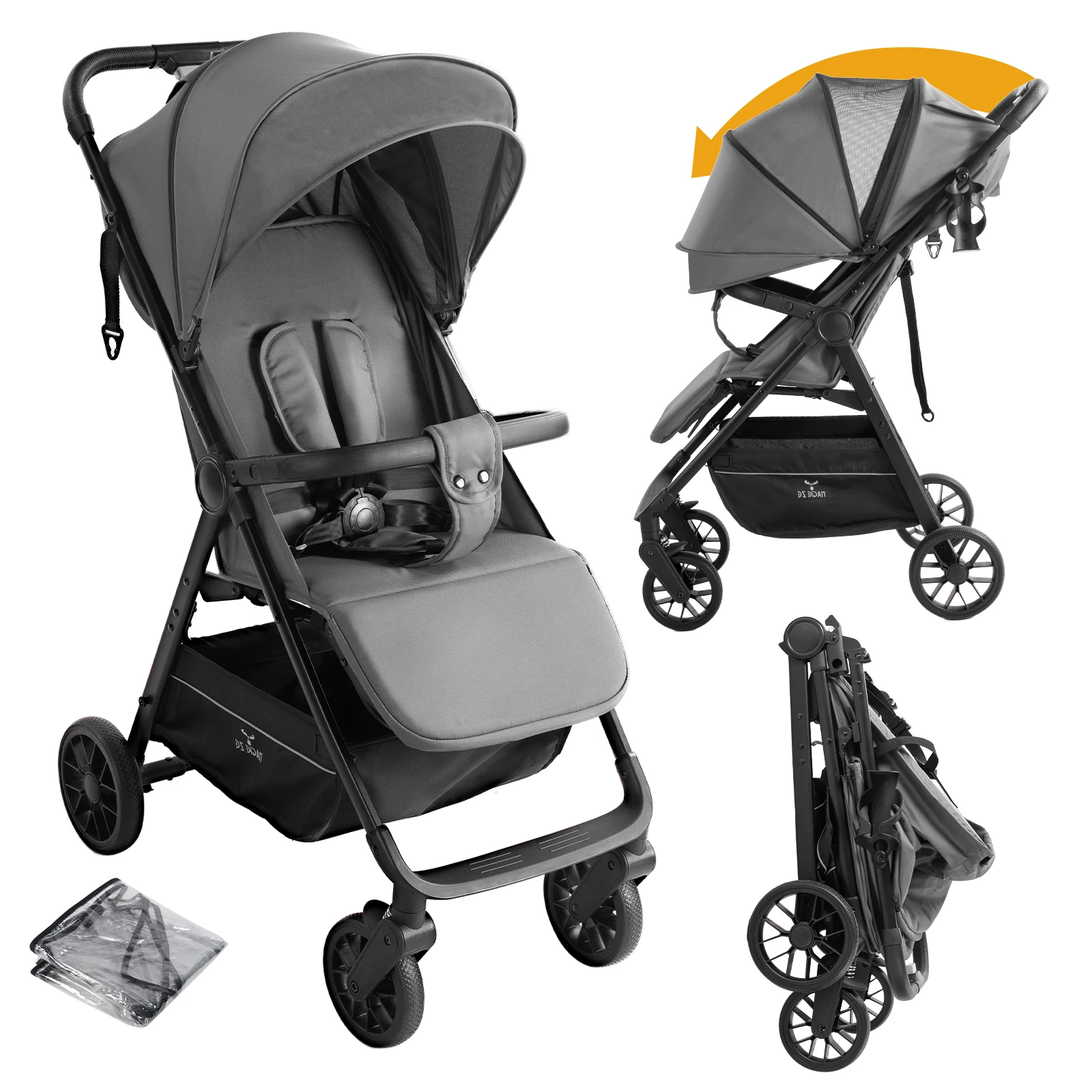 Portable 3 in 1 Baby Pram Stroller Pushchair Compact Fold Lightweight Baby Carriage Reversible Seat Shock Absorbing Wheels Adjustable Backrest Sun Canopy Spacious Storage Basket for Newborn and Growing Baby