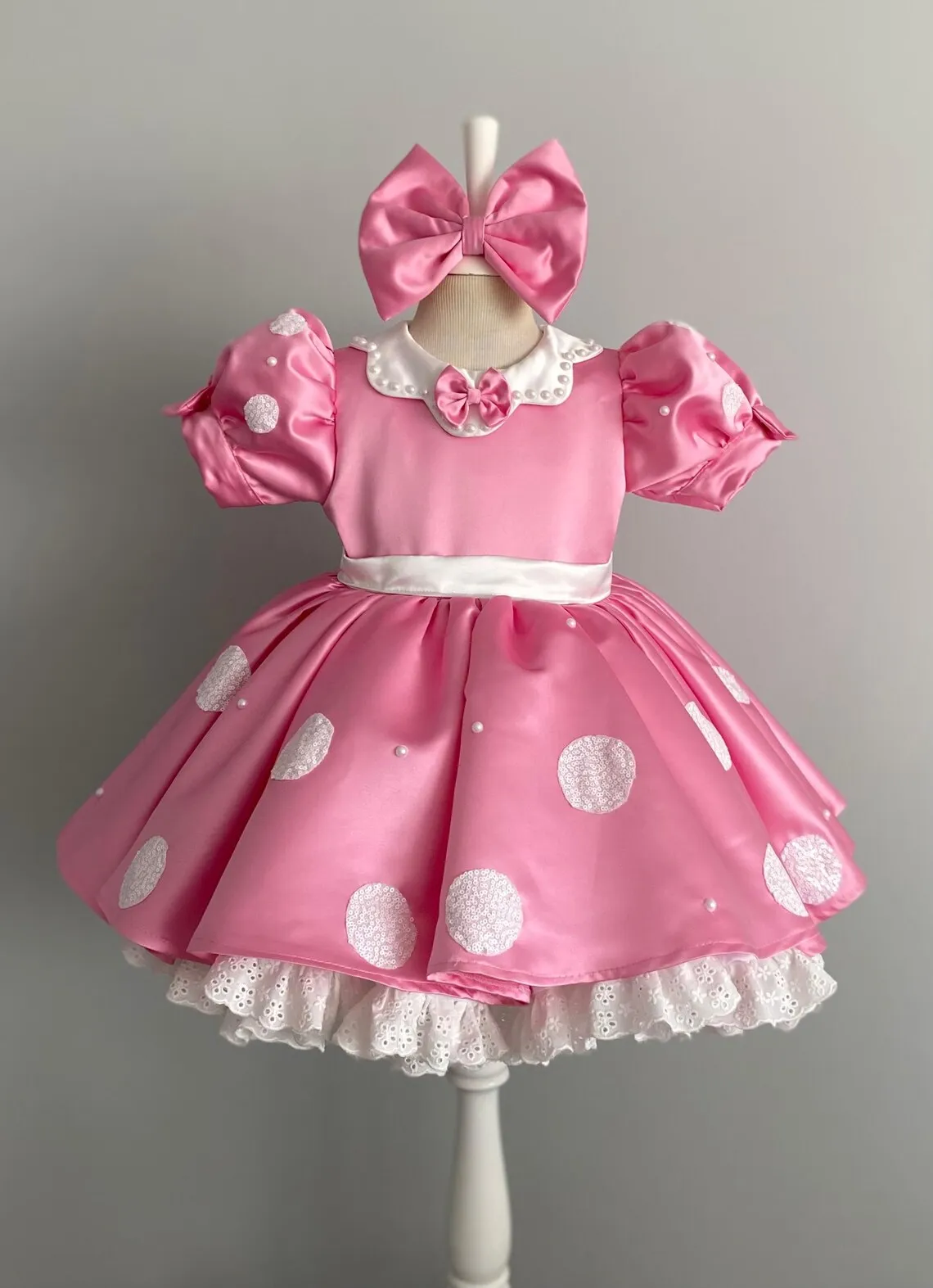 Summer Pink Satin Baby Girl Lolita Princess Dress With Bow Headband Toddler 1st Birthday Outfit Kids Photoshoot Party B642