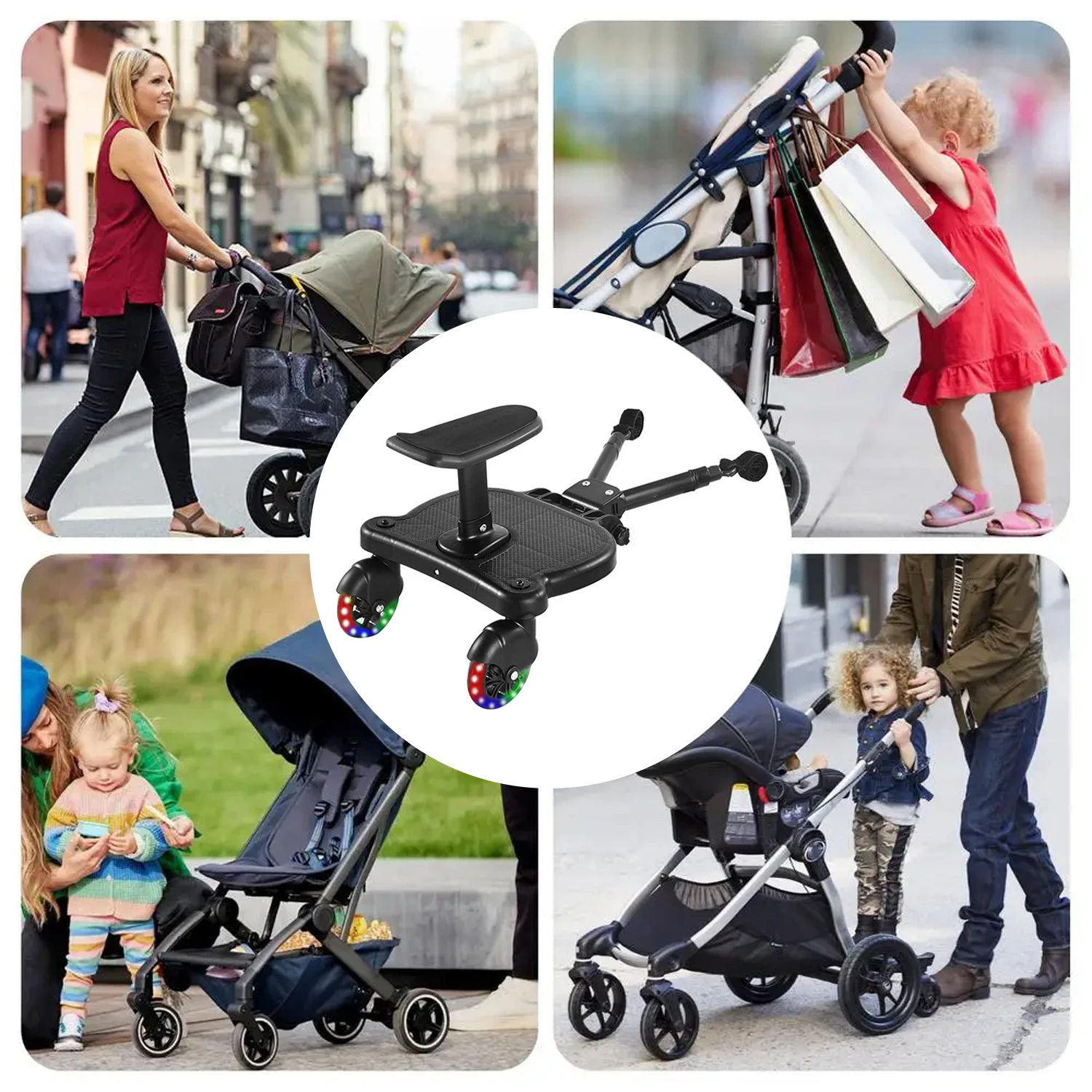 Universal Stroller Glider Board for 2 Kids, Sit Stand Buggy Board with Detachable Seat, 360° Rotating Wheels, 25kg Load Children Auxiliary Trailer