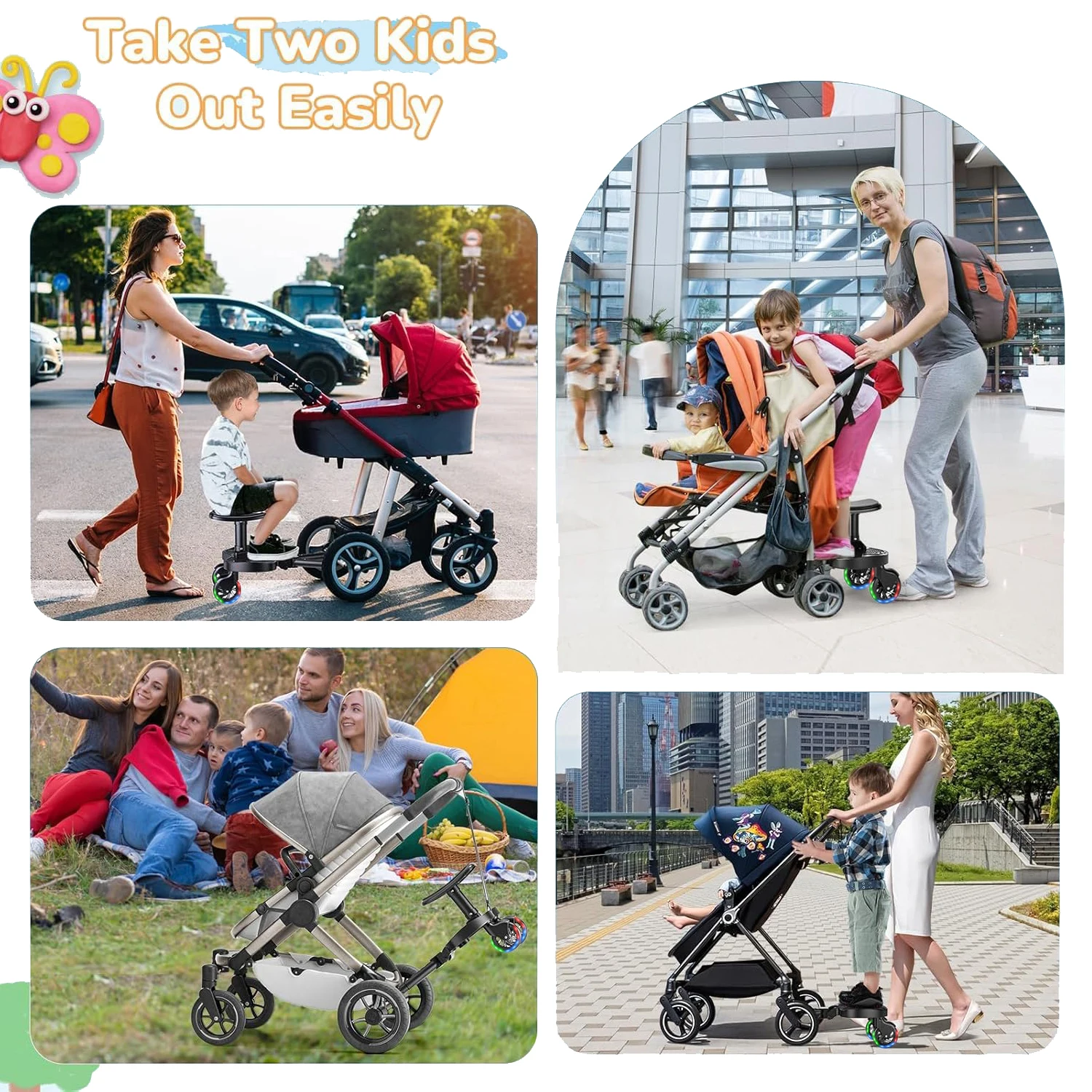 Universal Stroller Glider Board for 2 Kids, Sit Stand Buggy Board with Detachable Seat, 360° Rotating Wheels, 25kg Load Children Auxiliary Trailer