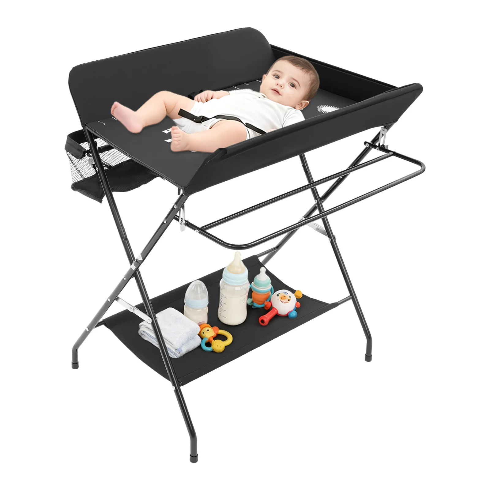37.8inch Black Portable Baby Diaper Changing Station, Foldable Freestanding Diaper Changing Table for 0-12 Months Age