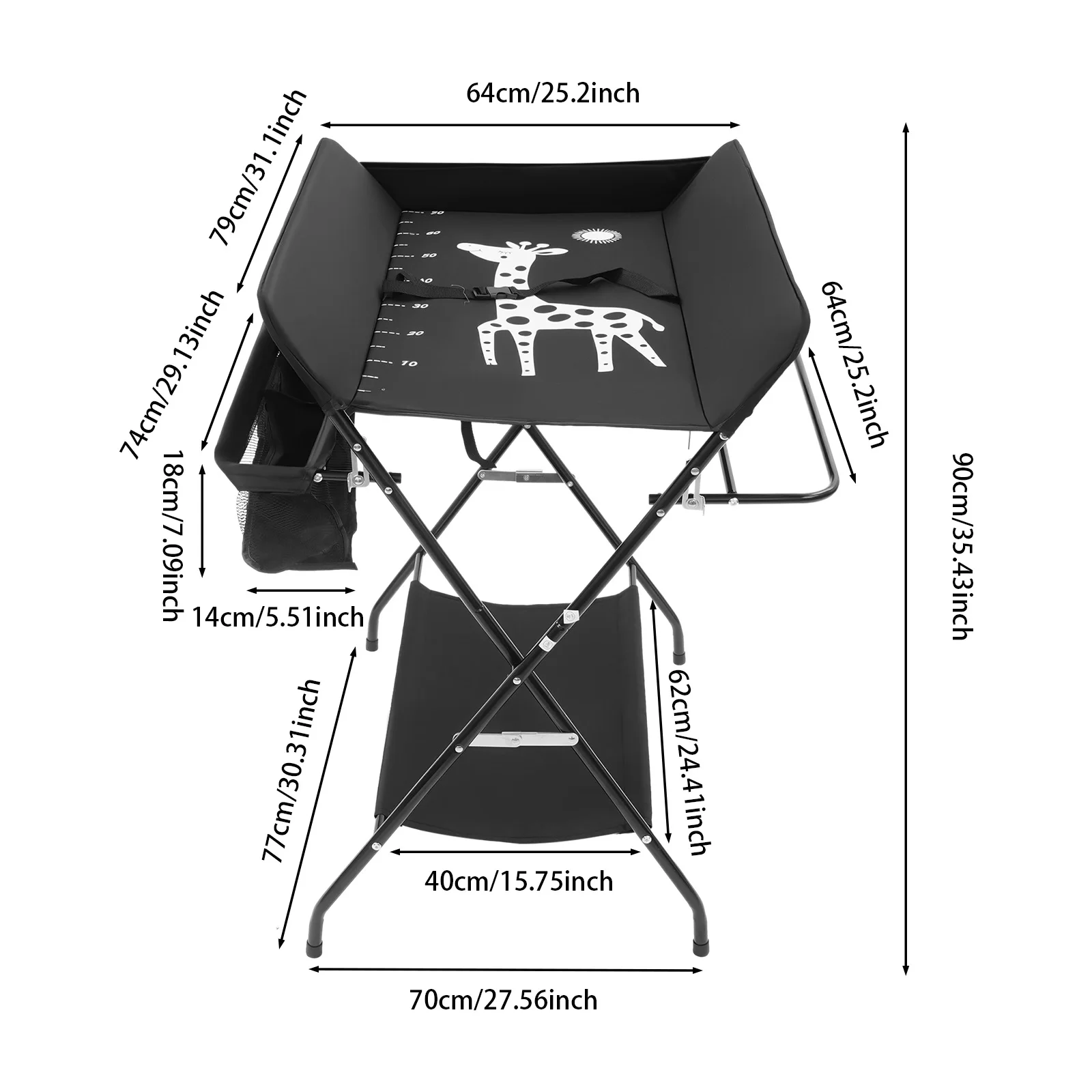 37.8inch Black Portable Baby Diaper Changing Station, Foldable Freestanding Diaper Changing Table for 0-12 Months Age