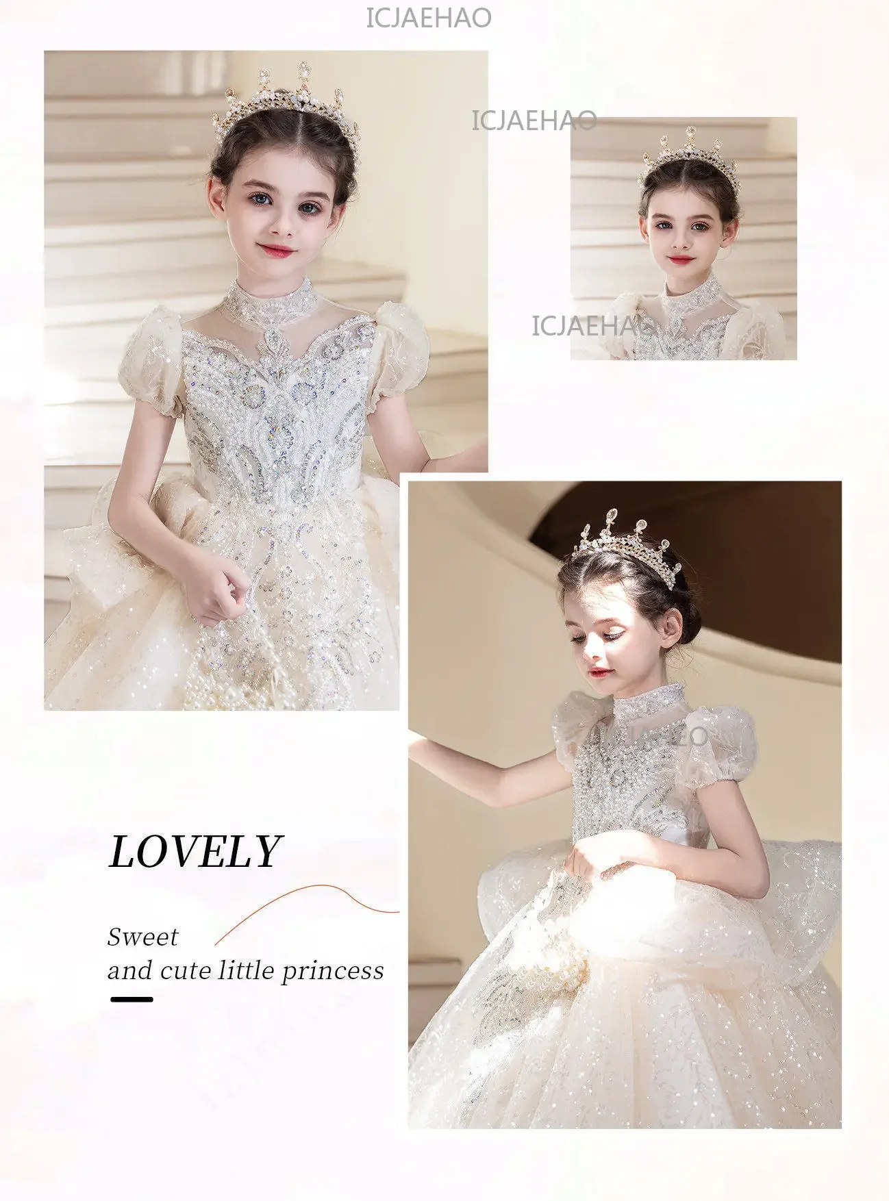 Children Girls Formal Performance Flower Girl Wedding Princess Gown Long Dress Kids Champagne Elegant Host Birthday Party Piano