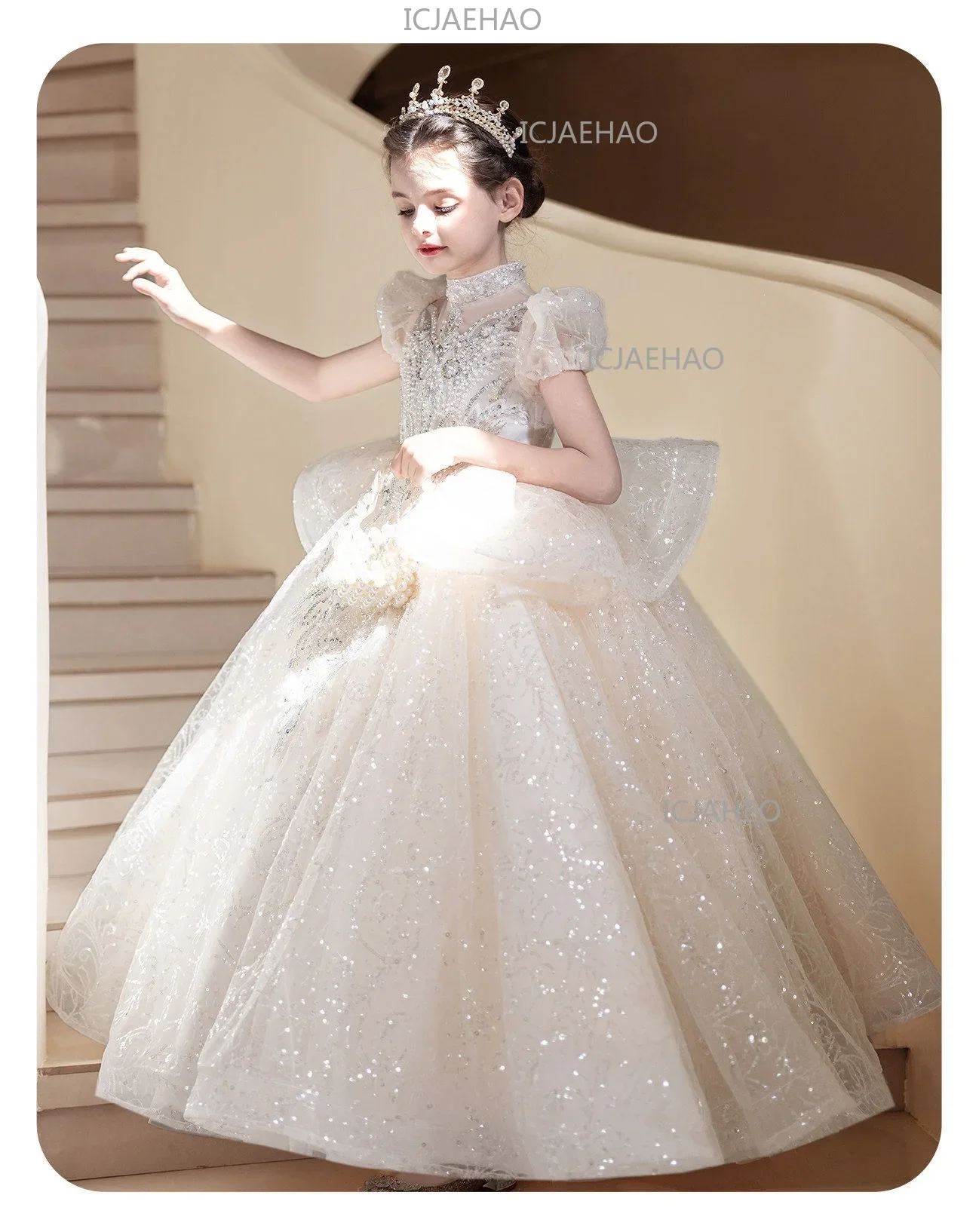 Children Girls Formal Performance Flower Girl Wedding Princess Gown Long Dress Kids Champagne Elegant Host Birthday Party Piano
