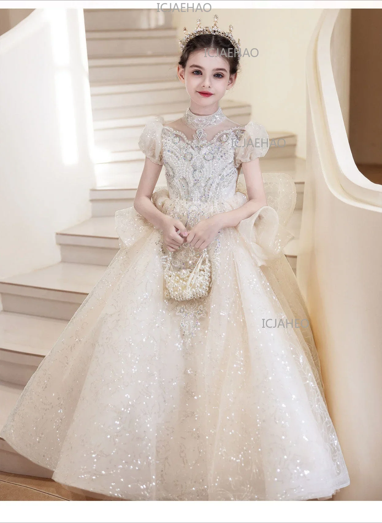 Children Girls Formal Performance Flower Girl Wedding Princess Gown Long Dress Kids Champagne Elegant Host Birthday Party Piano