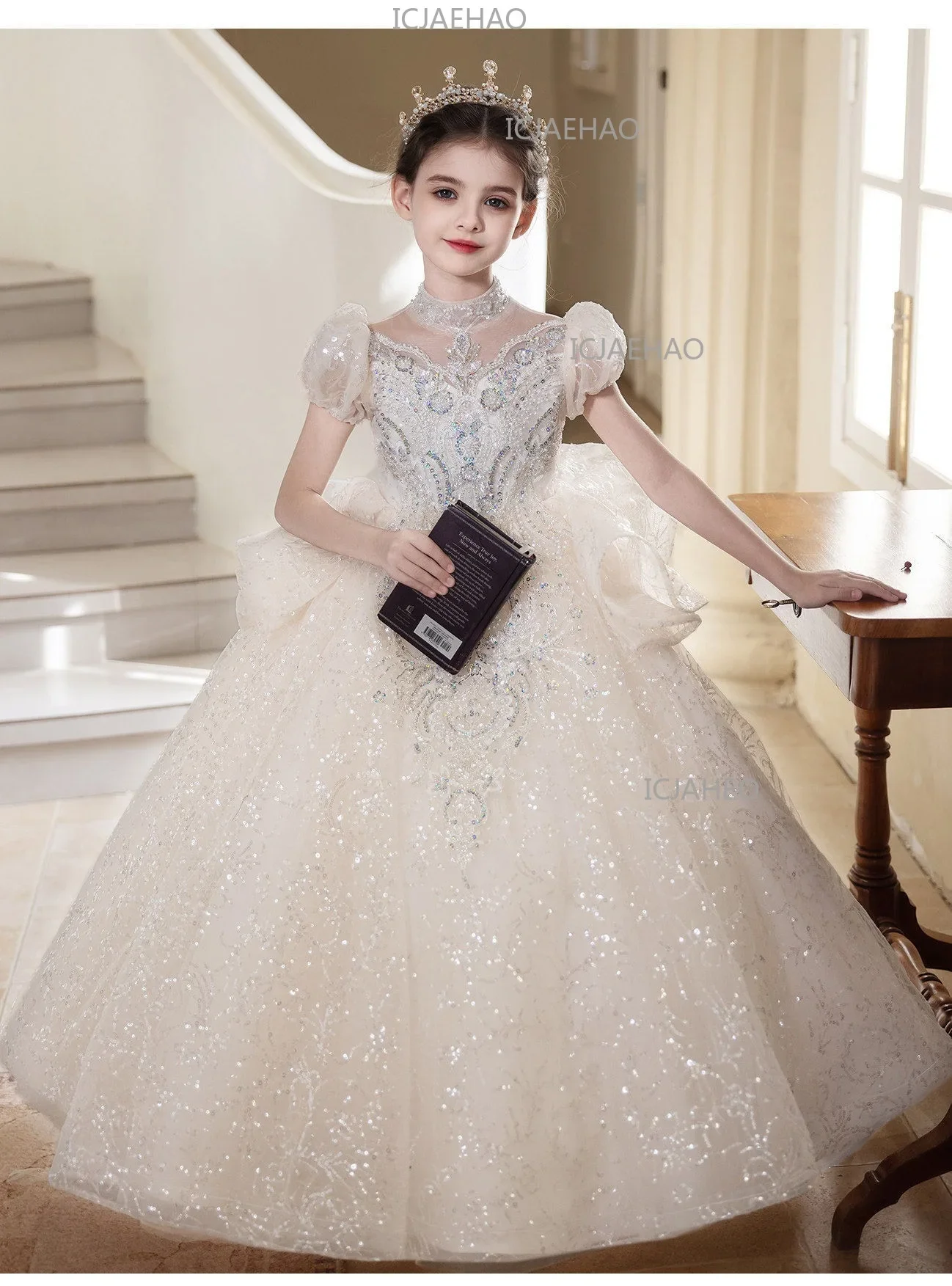 Children Girls Formal Performance Flower Girl Wedding Princess Gown Long Dress Kids Champagne Elegant Host Birthday Party Piano