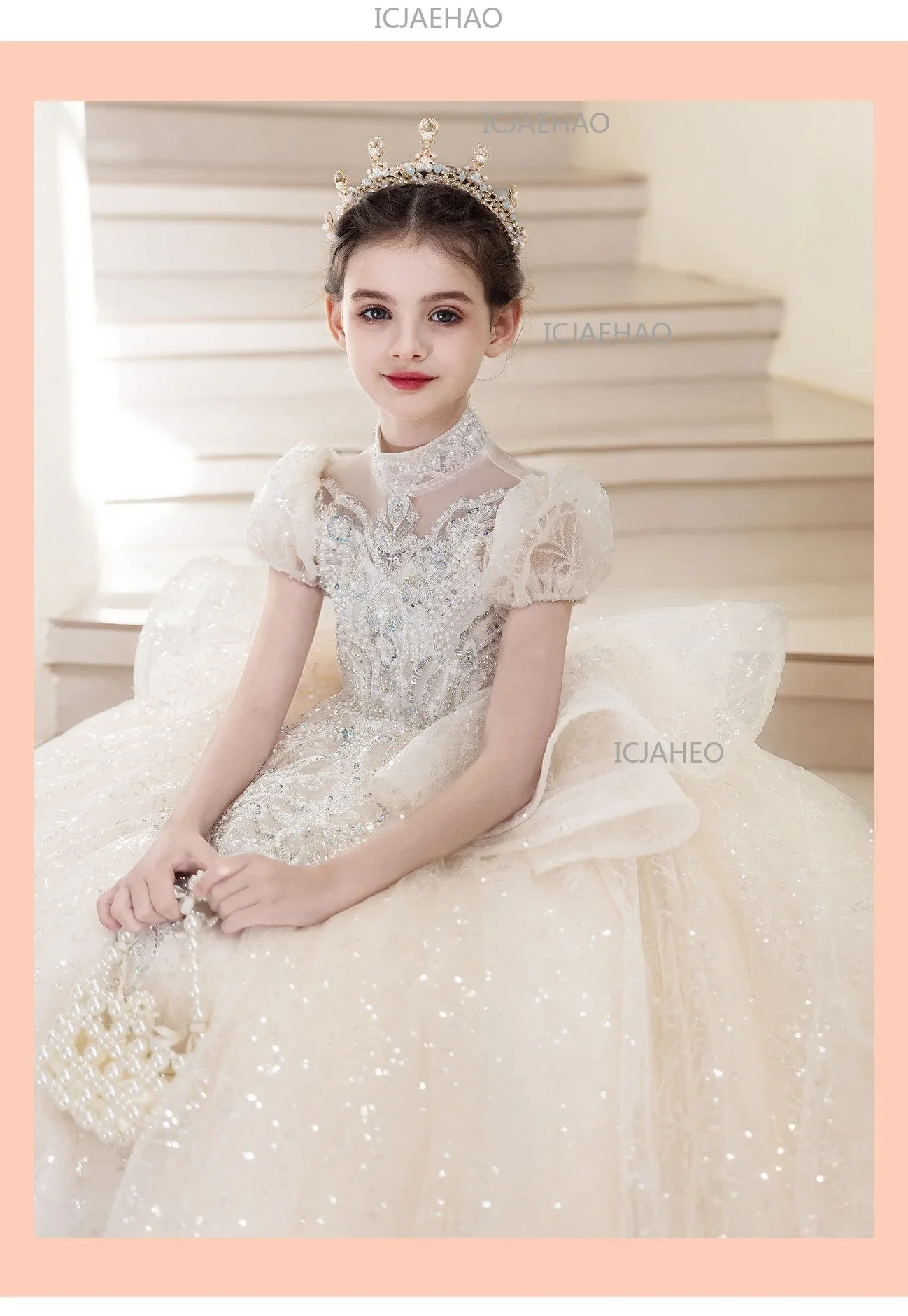 Children Girls Formal Performance Flower Girl Wedding Princess Gown Long Dress Kids Champagne Elegant Host Birthday Party Piano