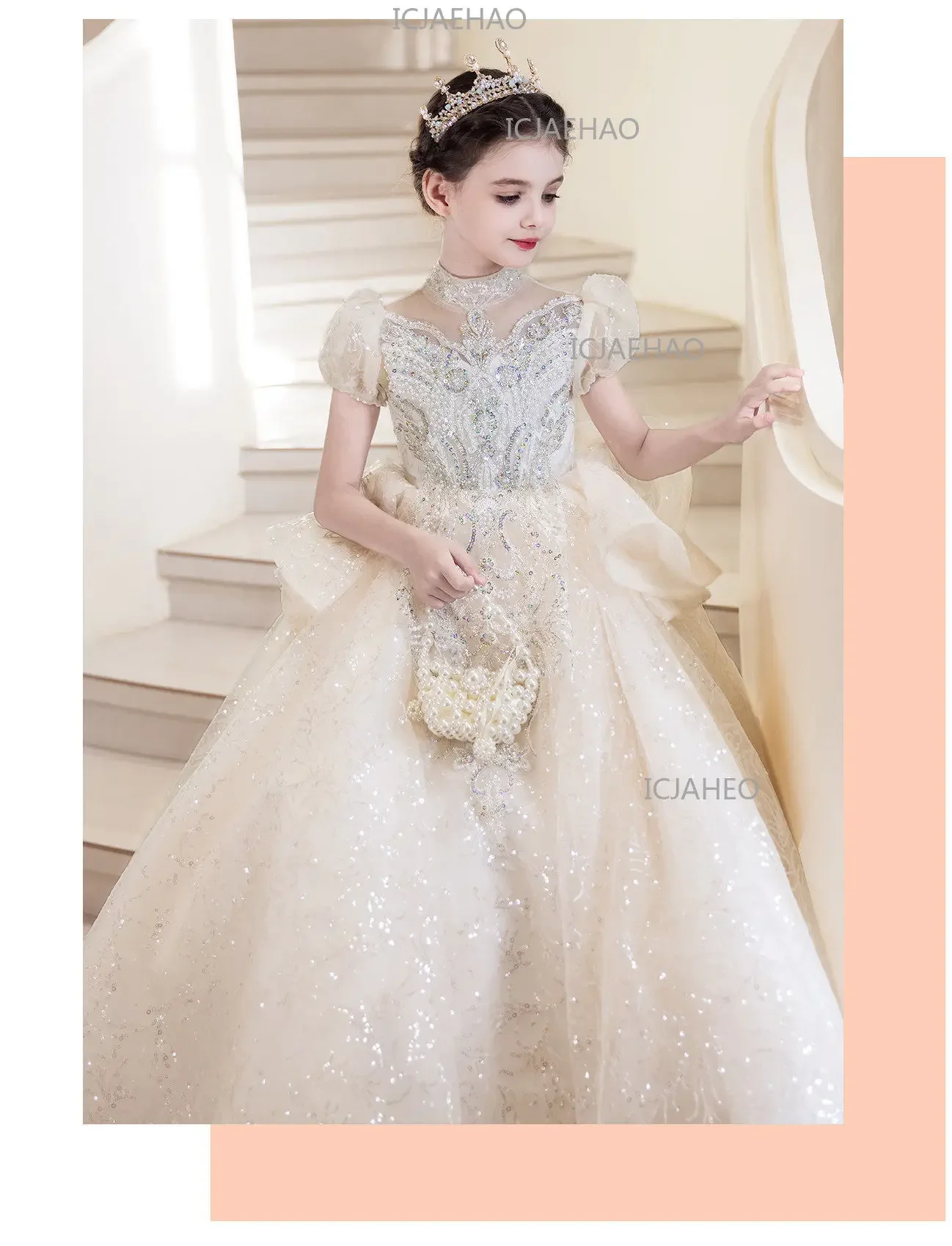 Children Girls Formal Performance Flower Girl Wedding Princess Gown Long Dress Kids Champagne Elegant Host Birthday Party Piano