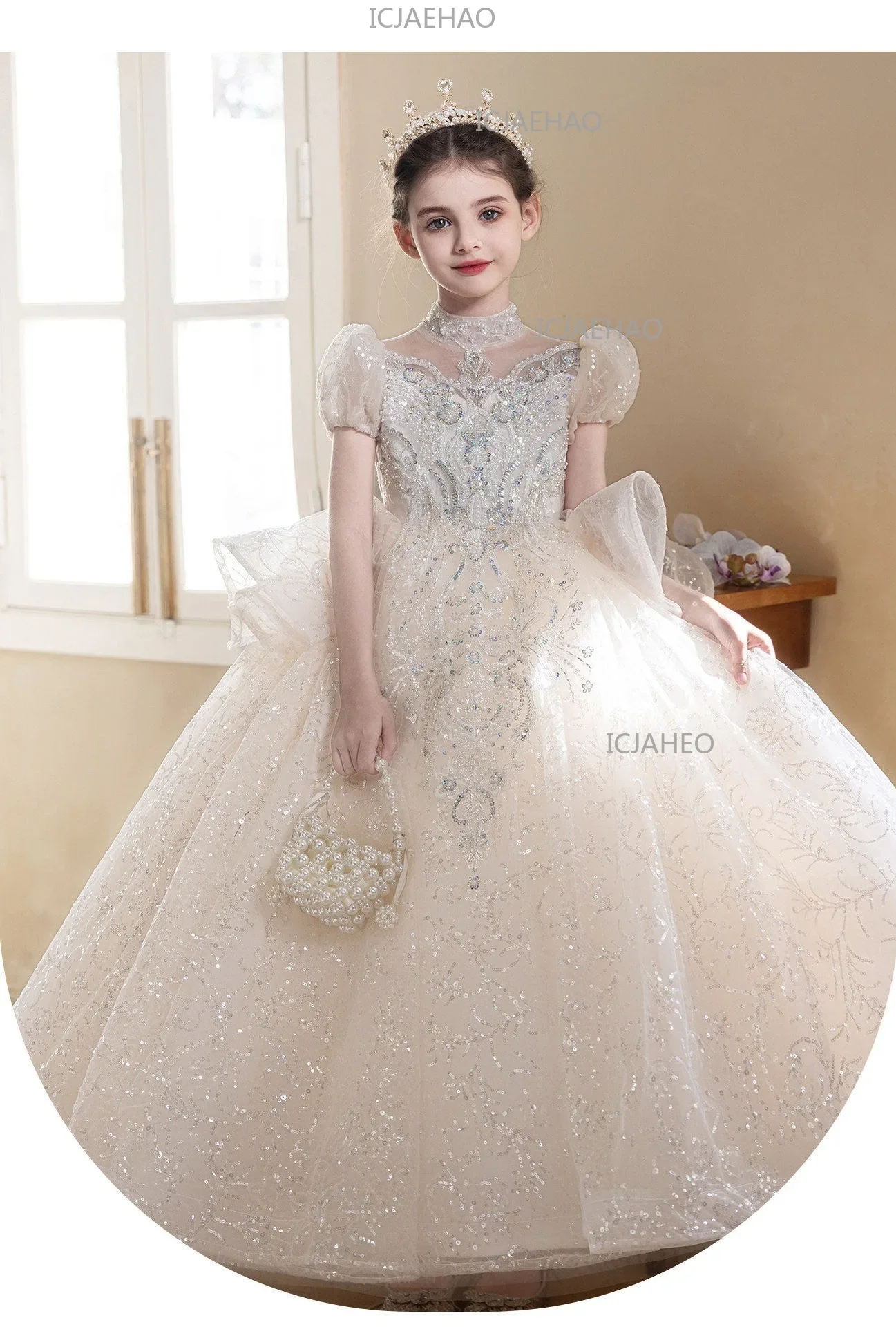 Children Girls Formal Performance Flower Girl Wedding Princess Gown Long Dress Kids Champagne Elegant Host Birthday Party Piano