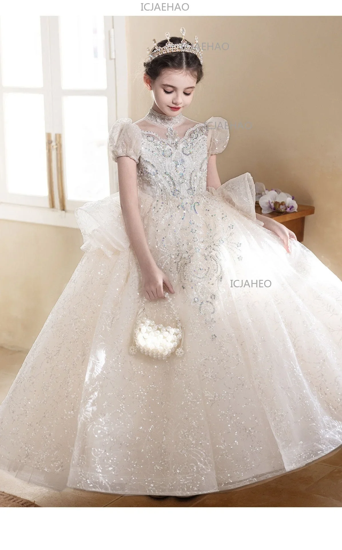 Children Girls Formal Performance Flower Girl Wedding Princess Gown Long Dress Kids Champagne Elegant Host Birthday Party Piano