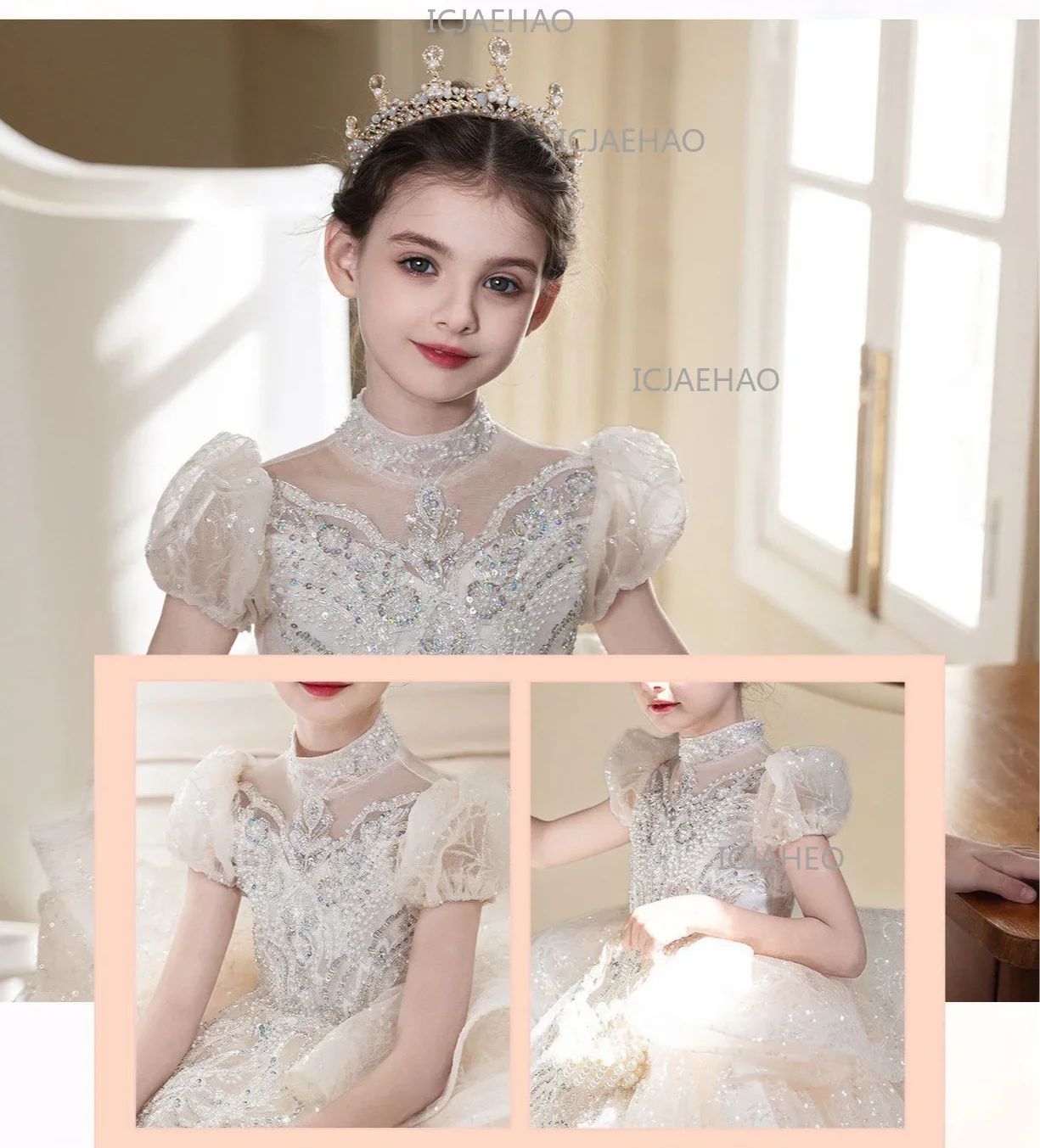 Children Girls Formal Performance Flower Girl Wedding Princess Gown Long Dress Kids Champagne Elegant Host Birthday Party Piano