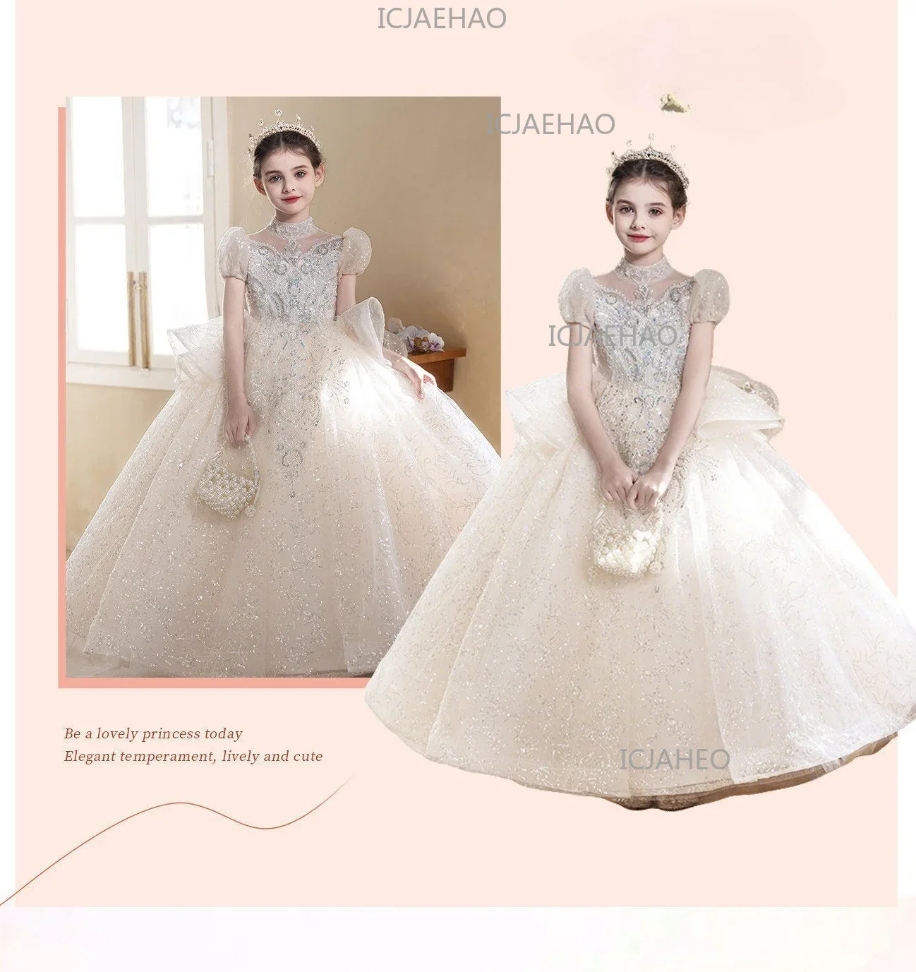 Children Girls Formal Performance Flower Girl Wedding Princess Gown Long Dress Kids Champagne Elegant Host Birthday Party Piano