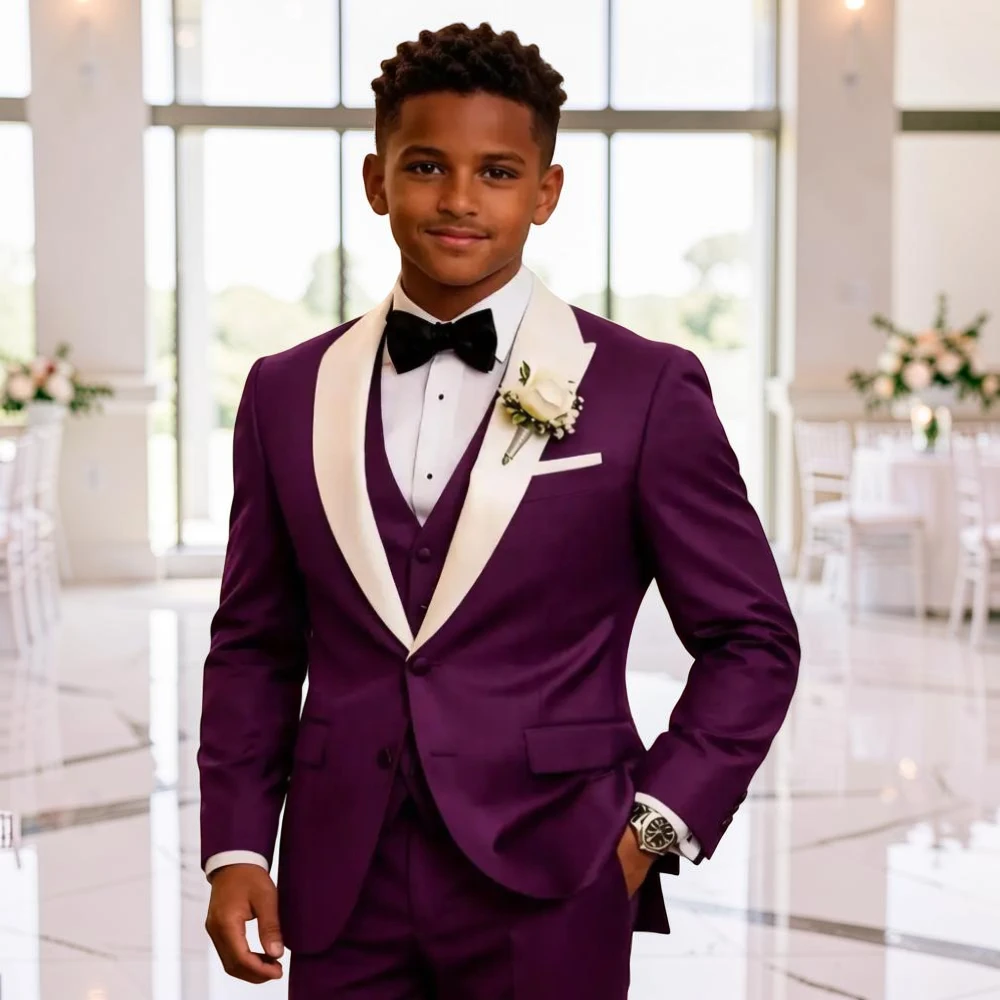 Boys Wedding Tuxedo with White Peak Lapel 3 Pieces Child Suit Set Jacket with Pants Vest Contrast Design Kids Outfit for Prom