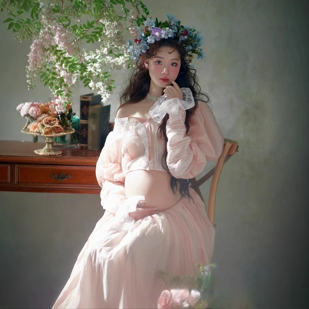 Women Elegant French Painting Style Maternity Dress for Photo Shoot Pregnancy Lace Top with Skirt 2pcs Dresses for Photography