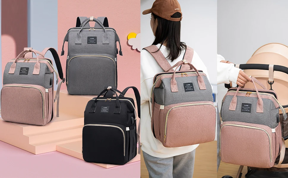 3 In 1 Diaper Bag Backpack Foldable Baby Bed Waterproof Travel Bag with USB Charge Diaper Bag Backpack with Changing Bed 3 types