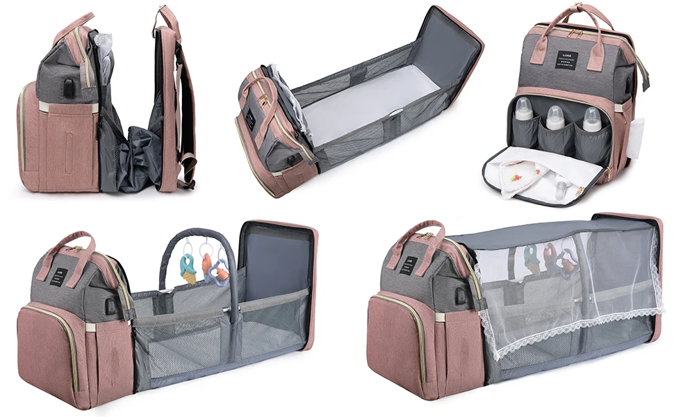 3 In 1 Diaper Bag Backpack Foldable Baby Bed Waterproof Travel Bag with USB Charge Diaper Bag Backpack with Changing Bed 3 types