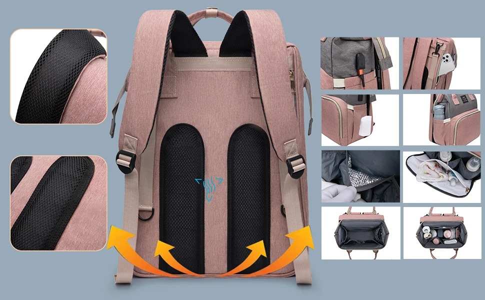 3 In 1 Diaper Bag Backpack Foldable Baby Bed Waterproof Travel Bag with USB Charge Diaper Bag Backpack with Changing Bed 3 types