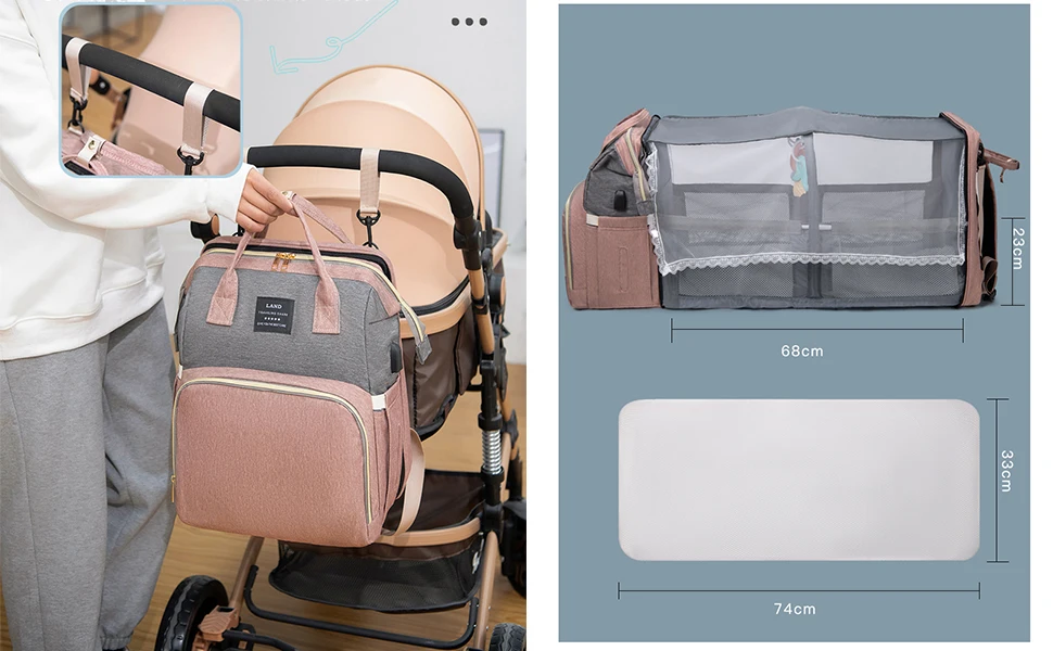 3 In 1 Diaper Bag Backpack Foldable Baby Bed Waterproof Travel Bag with USB Charge Diaper Bag Backpack with Changing Bed 3 types