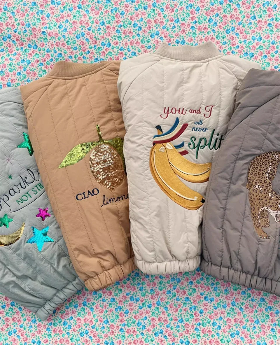 -Cute Fruit Kitten Candy Pattern Embroidered Winter Coat Zipper Baseball Jacket for Children Back Printed 2026 New Children Coat