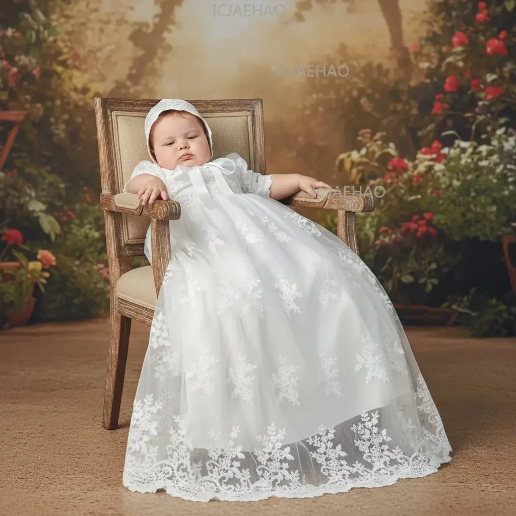 Baby Kids First Birthday Hundred Days Piece Set Party Banquet Costume Christening Gown Children White Long Lace Dress Hat Two