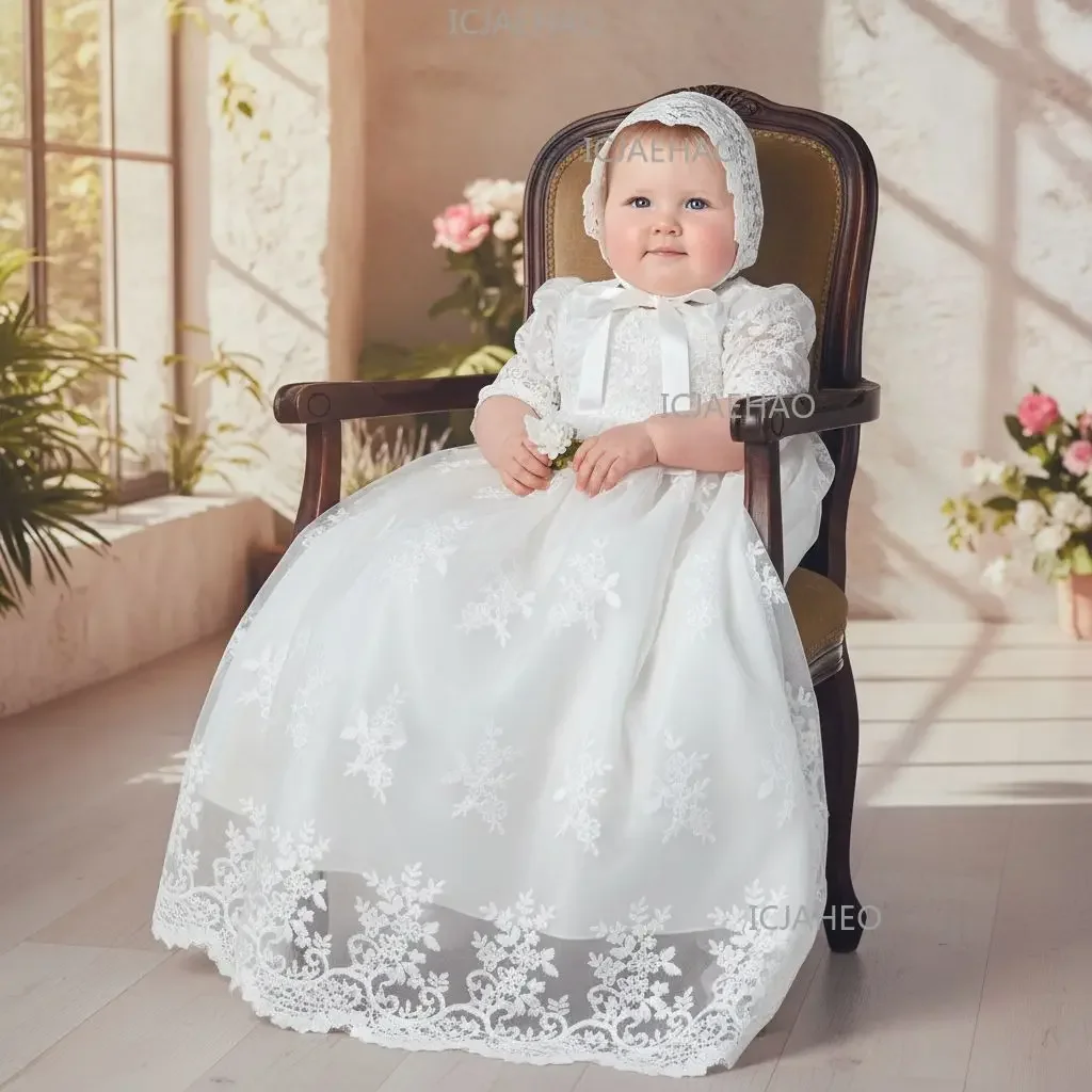 Baby Kids First Birthday Hundred Days Piece Set Party Banquet Costume Christening Gown Children White Long Lace Dress Hat Two