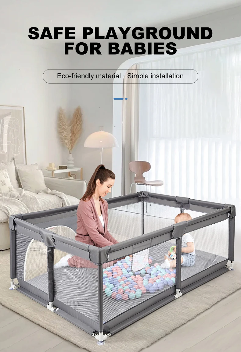 Large Baby Playpen Extra Large Safety Playpen for Toddlers Thickened Stainless Steel Frame Corner Sponge Protection Breathing Mesh Zipper Door Baby Activity Center Indoor Playground Safety Gate