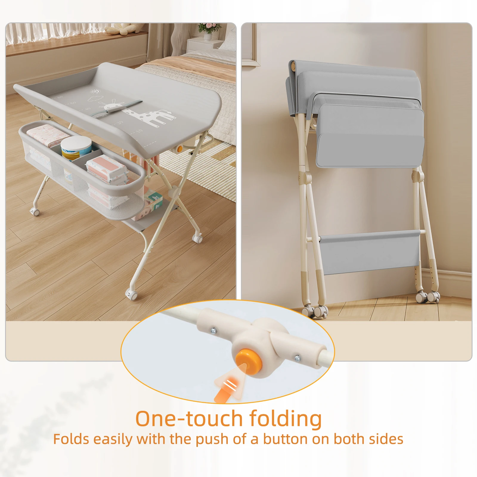 Changing Table with Wheels, with Storage Basket on Side Iron Frame, Max Load 25 kg for Newborns, Ergonomic Design, Storage, for Newborns