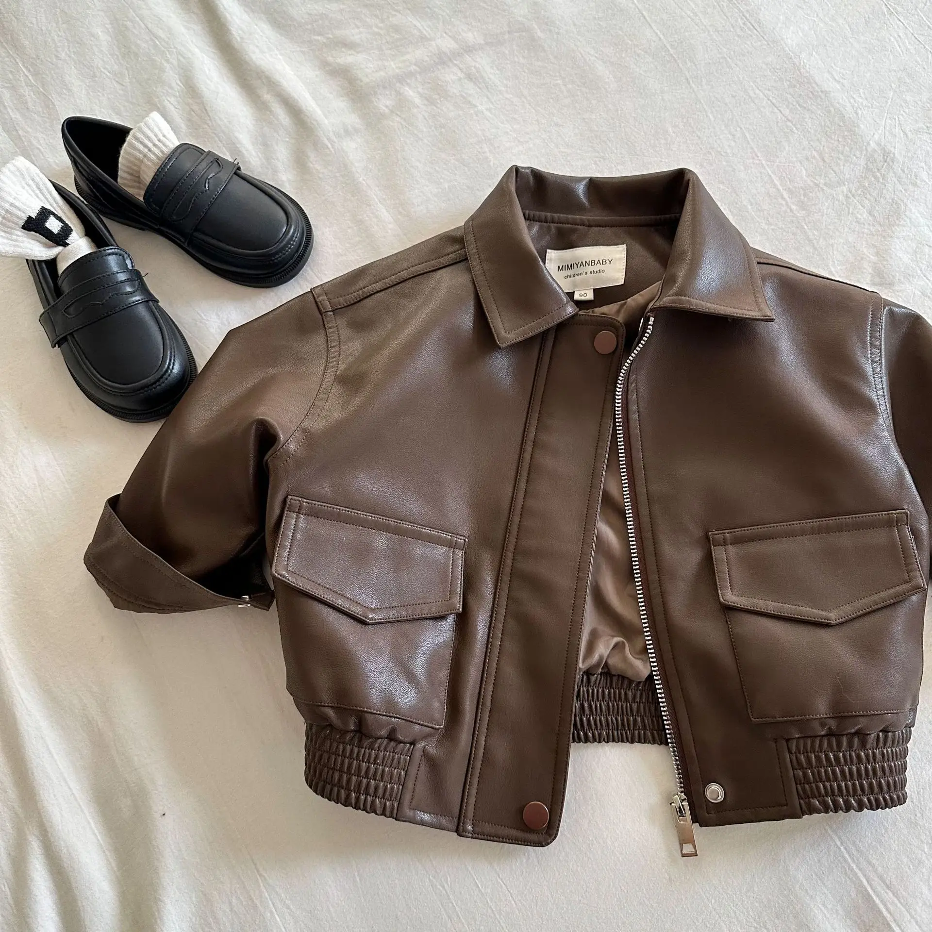 Childrens Jacket 2026 Autumn New Solid Color Collar Leather Jacket for Boys and Girls Baby Short Coat Trendy