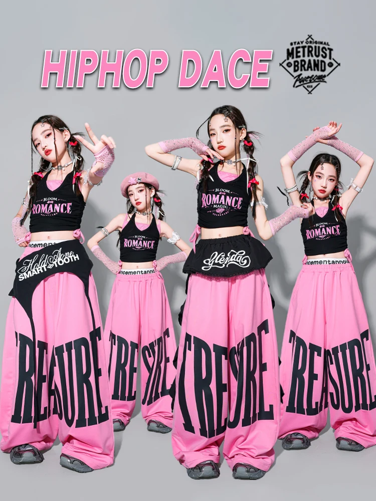 Girls K-pop Crop Tank Top Sweet Letters Loose Pants Children Hip Hop Streetwear Clothes Sets Kids Stage Girl Group Jazz Costume